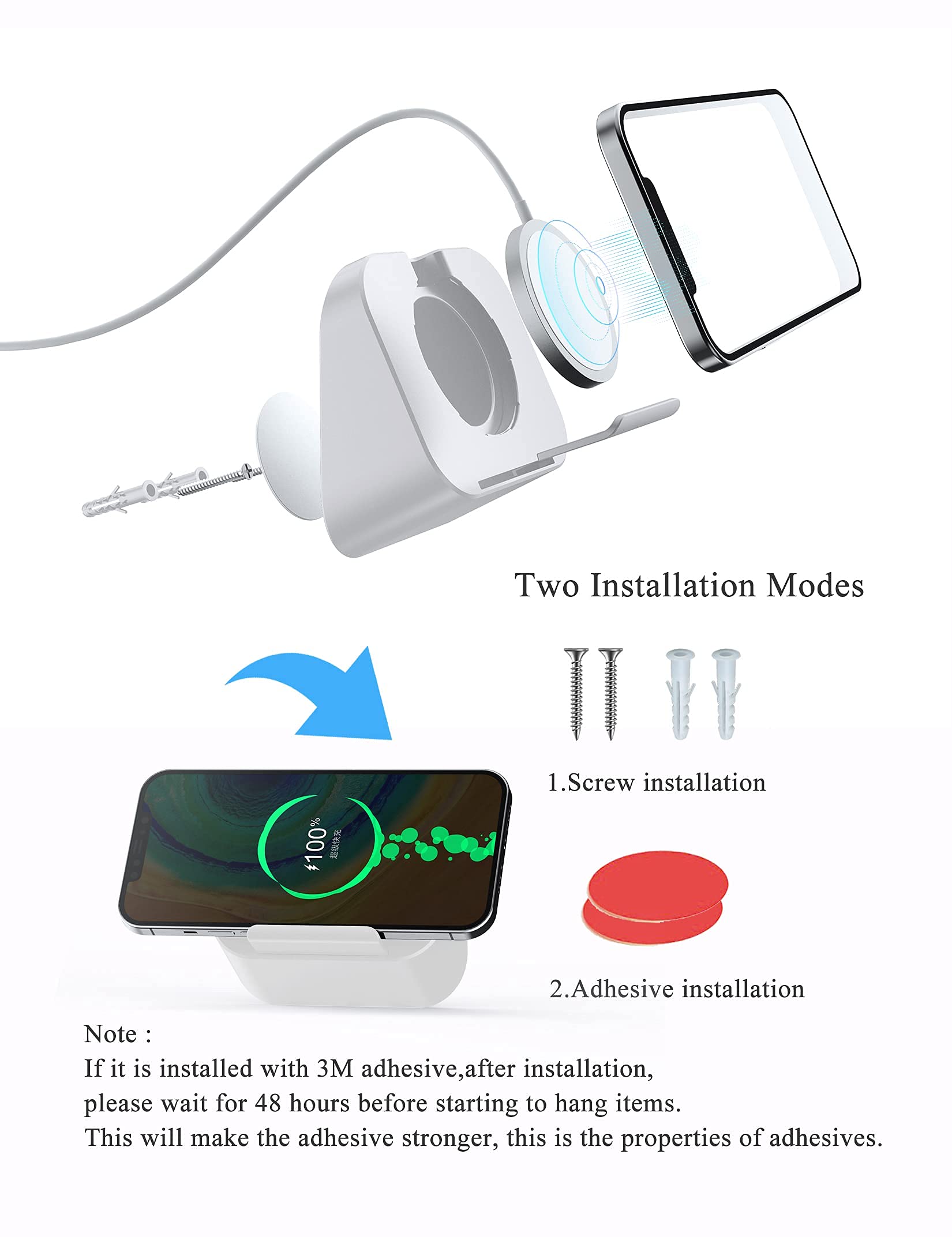 Magnetic Phone Wall Mount for Magsafe Charger - Bedside Phone Holder Compatible with iPhone 12/12 Pro/13 Pro Max - Secure Mounting for Nightstand, Kitchen, Office (White, Charger Not Included)
