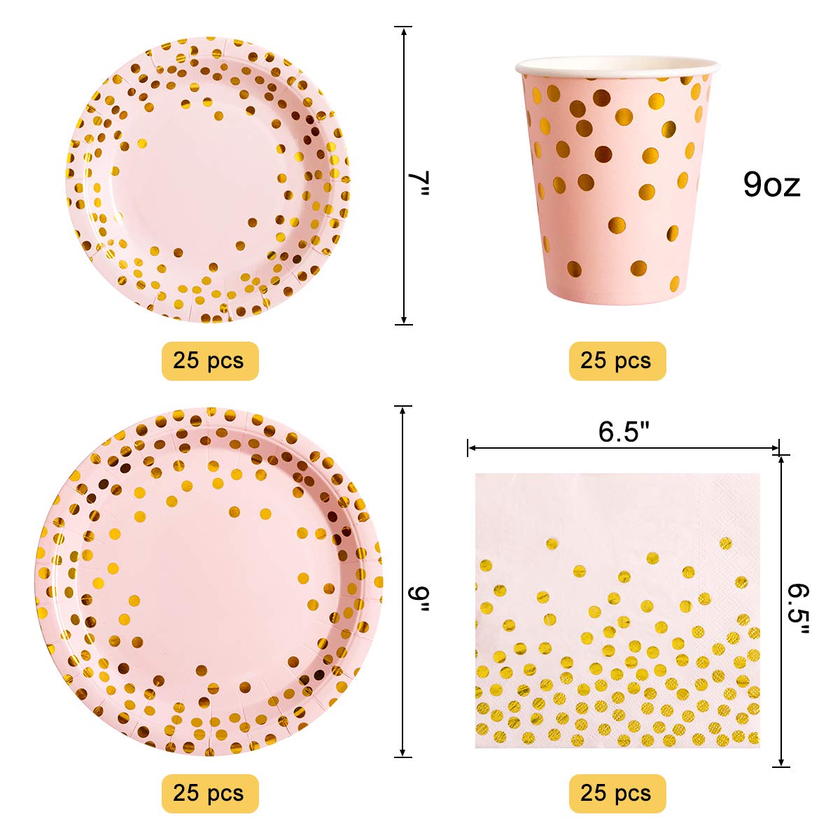 Pink and Gold Party Supplies Set - 175Pcs Disposable Paper Plates, Cups, Napkins with Gold Dots & Gold Plastic Cutlery for Baby Shower, Wedding, Bridal Shower - Serves 25 Guests - Perfect for Elegant Celebrations and Special Occasions