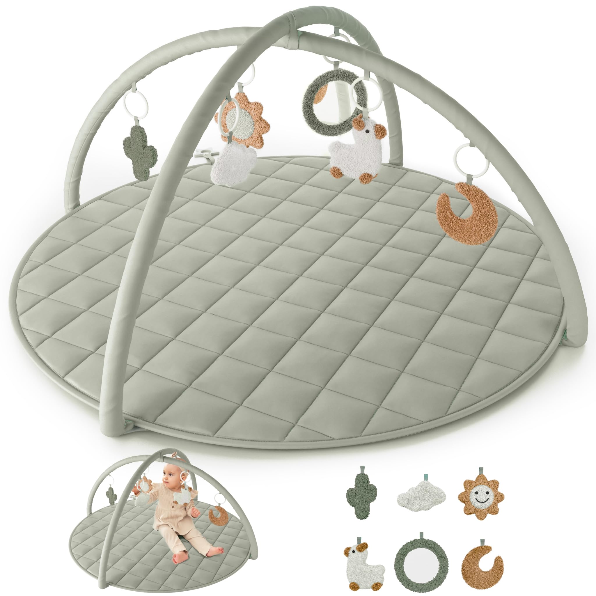 Soft Cotton Baby Play Gym & Tummy Time Mat with 6 Cute Toys - Perfect Activity Mat for Infants & Toddlers - Stylish Nursery Playmat for Boys & Girls - Ideal for Crawling, Sensory Play & Early Development