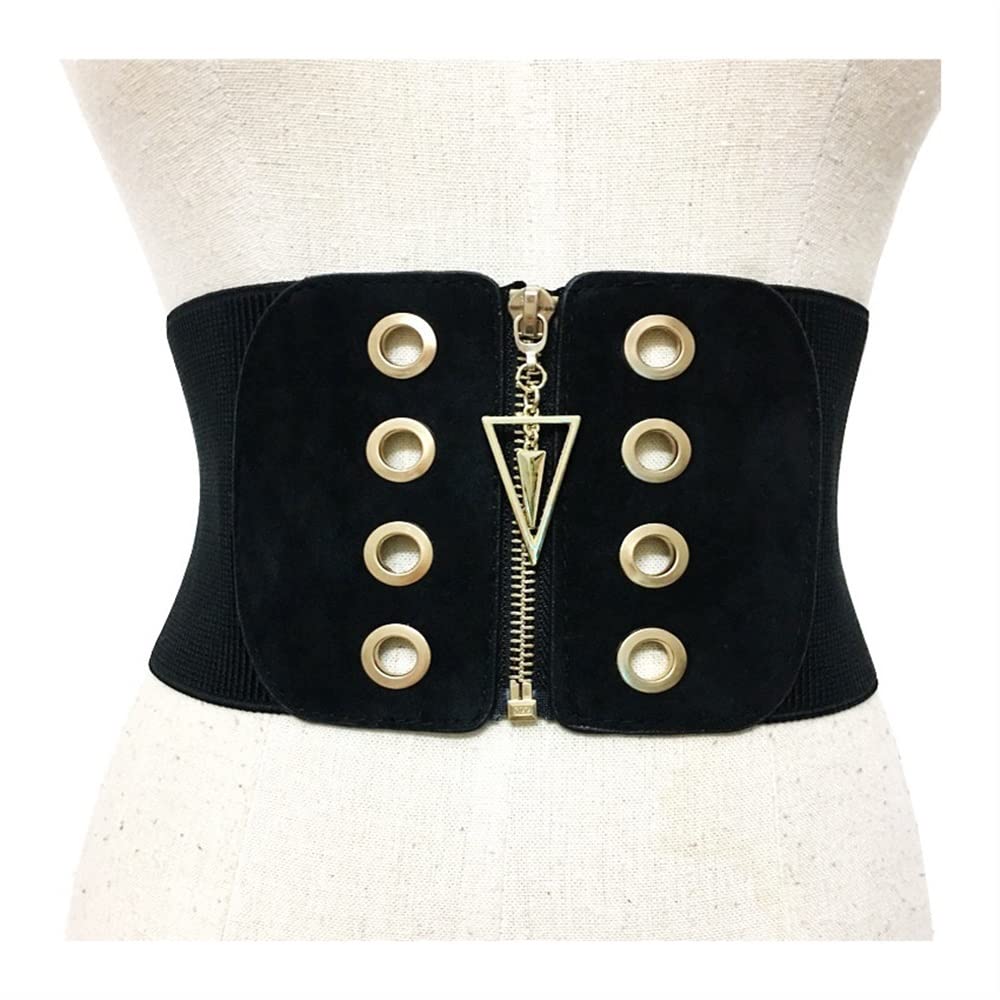 Women's Elastic Wide Belt with Zipper & Patchwork Design - High Waist Slimming Fashion Belt for Spring - Adjustable Cummerbund (Black, One Size) | Perfect for Dresses, Jeans & Office Wear