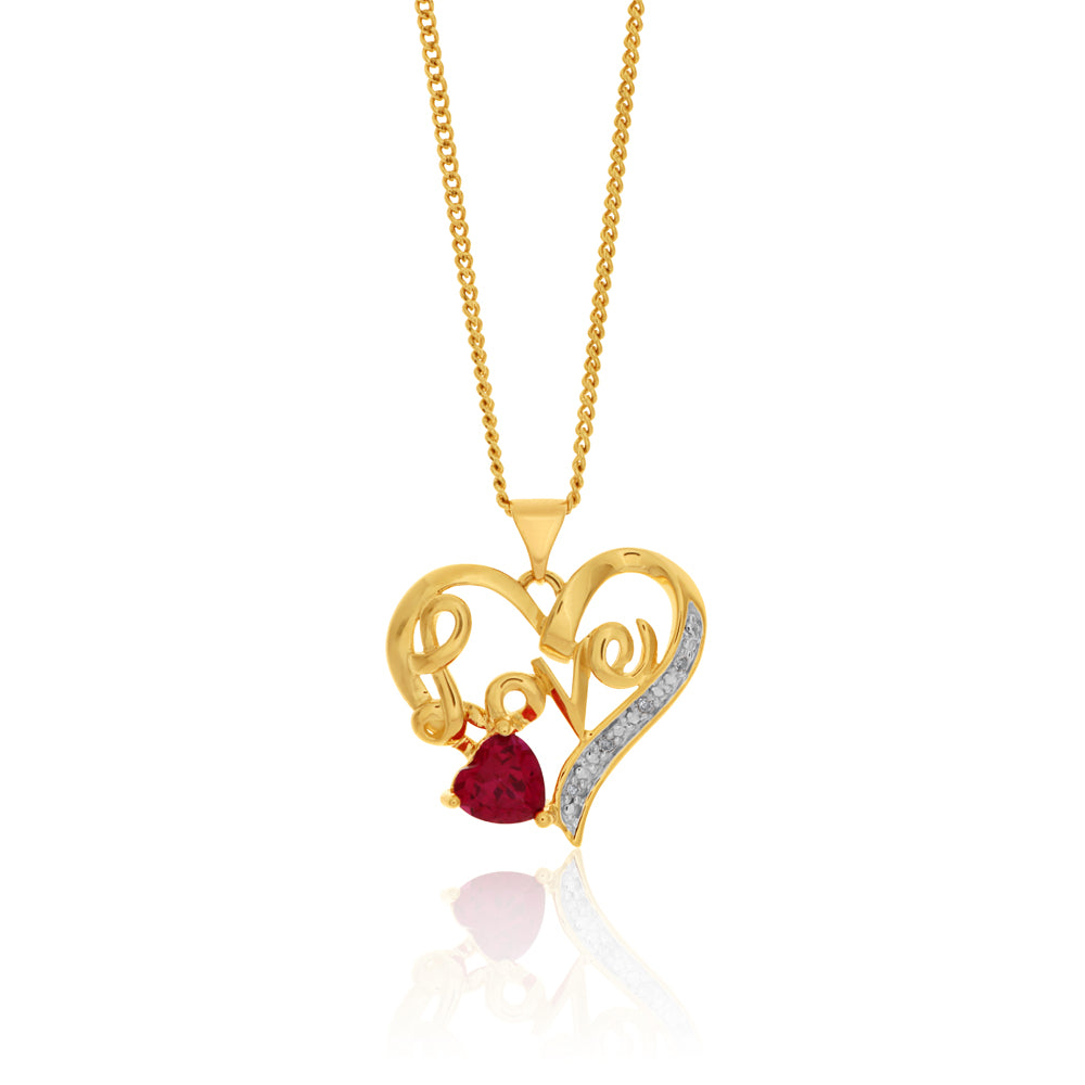 9ct Gold Created Ruby & Diamond Love Heart Pendant Necklace - Elegant Gift for Her, Valentine's Day, Anniversary & Special Occasions