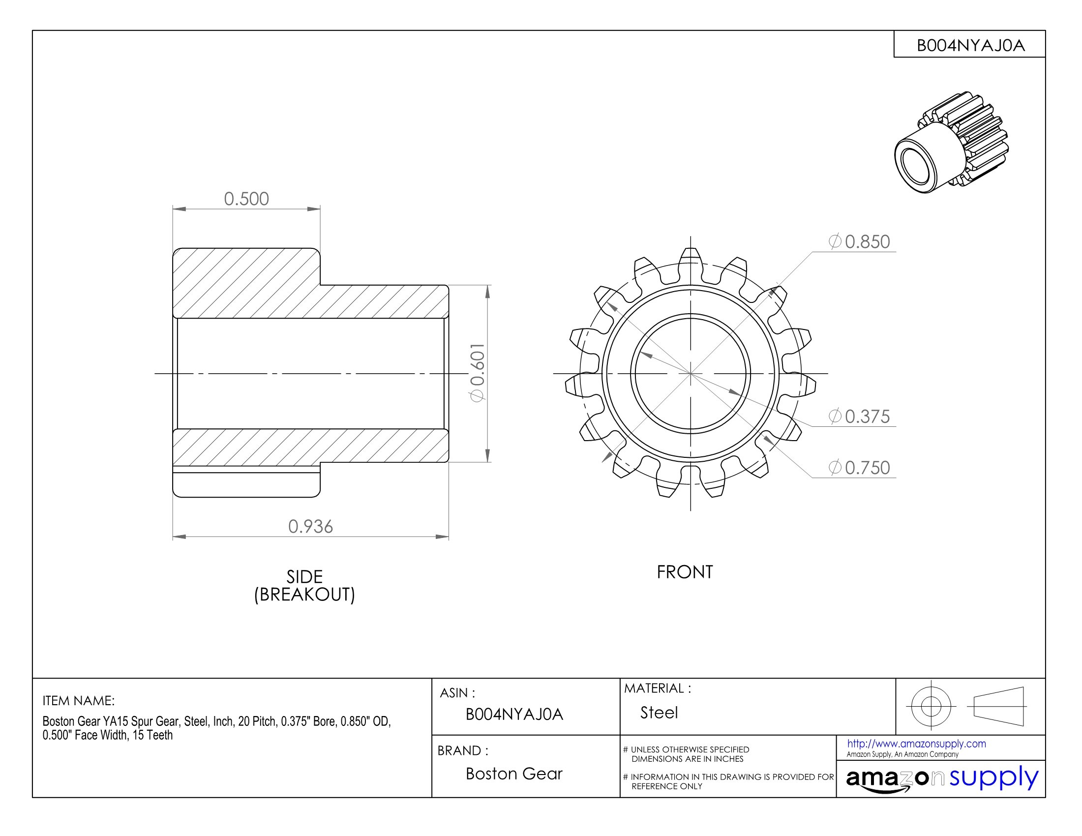 YA125/16 Steel Spur Gear - 20 Pitch, 0.313