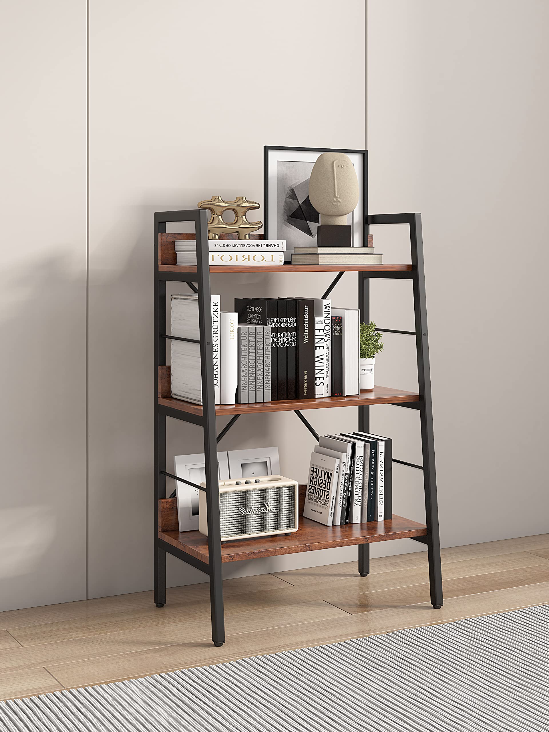 LXBB 3-Tier Industrial Ladder Shelf - Wood & Metal Bookcase, Plant Stand, Storage Rack for Living Room, Bedroom & Office Organization