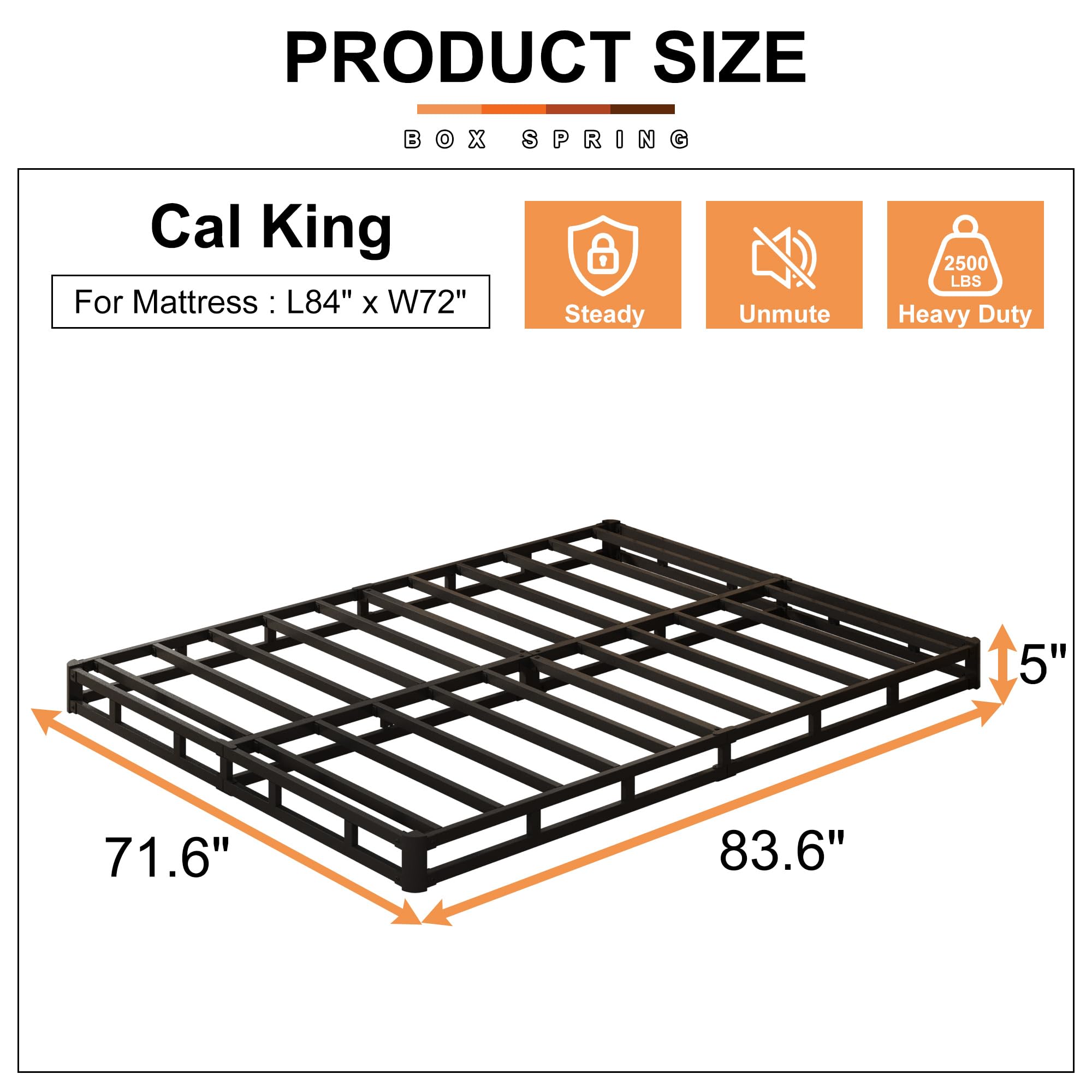 EMODA 5 Inch California King Box Spring Bed Base - Heavy Duty 3000 lbs Metal Mattress Foundation with Fabric Cover - Easy Assembly for Bedroom, Guest Room & Dorm Use