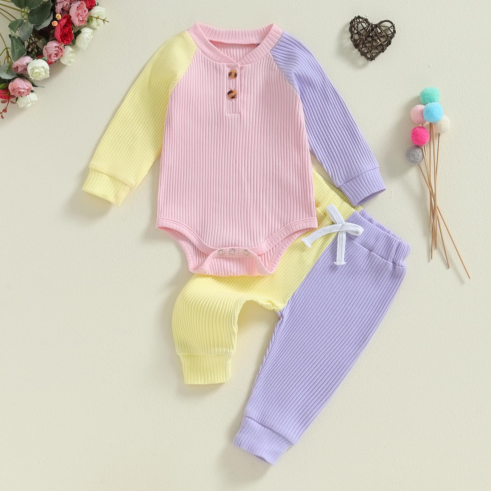Thorn Tree Baby Girl Clothes - Soft Ribbed Knit Long Sleeve Romper with Pants Set | Stretchy Newborn Infant Outfits for Fall & Winter | Perfect for Family Photos, Daily Wear & Special Occasions