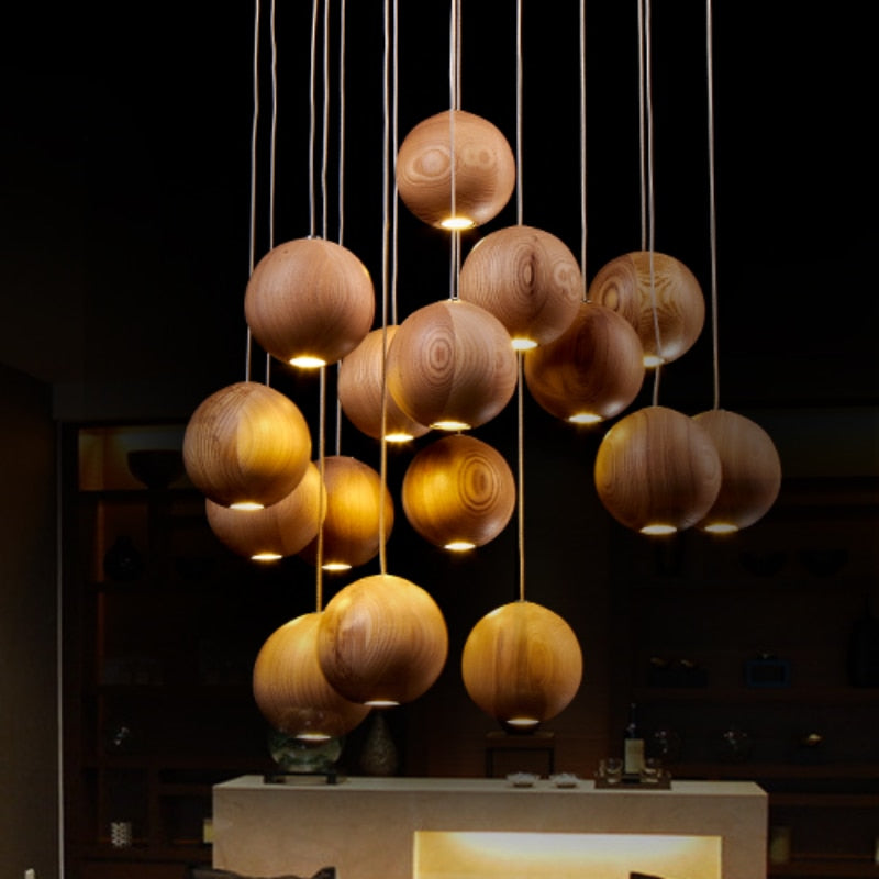 Handcrafted Wooden Globe Pendant Light - Modern Farmhouse Ceiling Lighting Fixture for Kitchen Island, Dining Room & Bedroom Decor