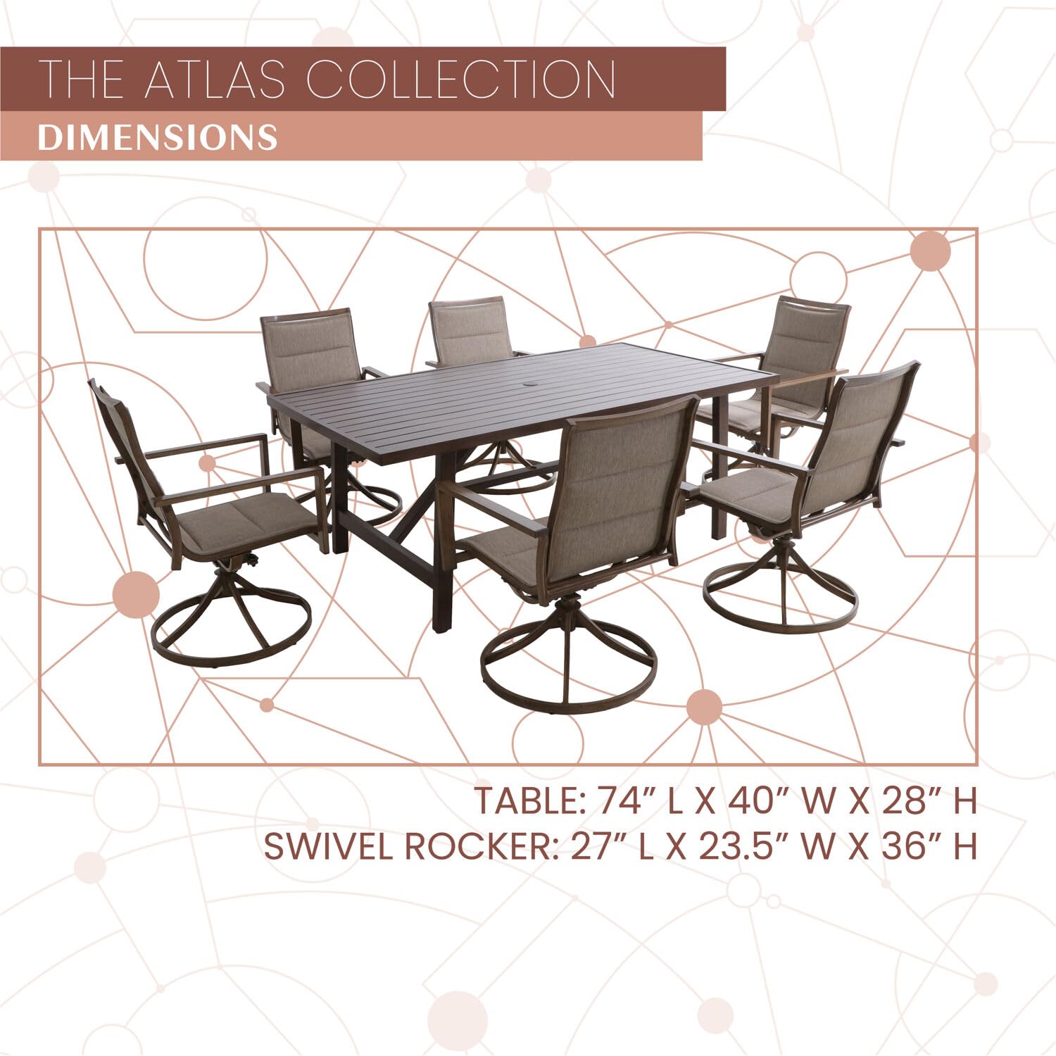 Atlas 7-Piece Outdoor Dining Set with 6 Swivel Padded Chairs & Trestle Table - Modern Patio Furniture for Backyard, Garden, Poolside - Weather-Resistant Dining Set for 6 People