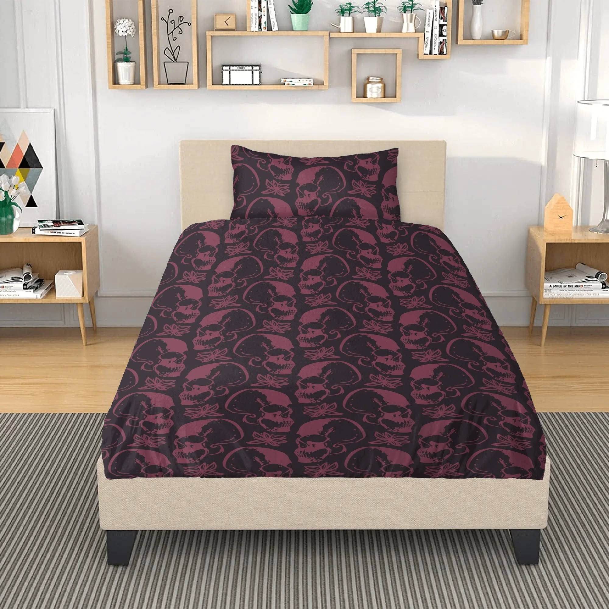 3-Piece Gothic Purple Skull Bedding Set - Soft & Stylish for Halloween, Gothic, or Punk Themed Bedrooms