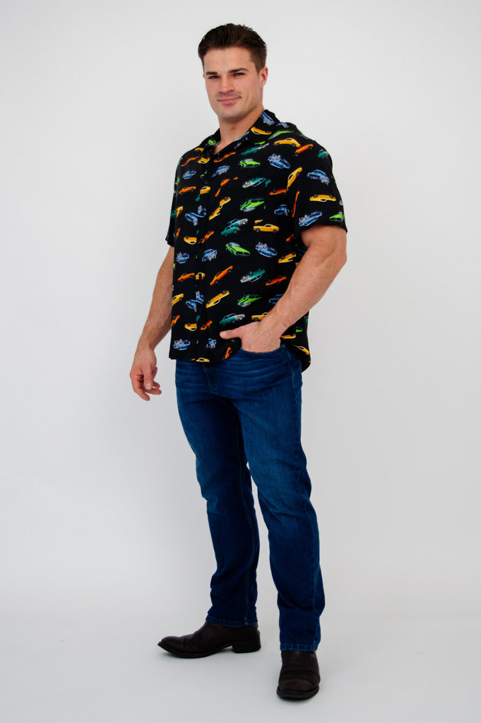 Dinosaur Print T-Shirt with Vintage Muscle Cars Design - Soft Woven Bamboo Fabric for Men & Women - Perfect for Casual Wear, Street Style, and Car Enthusiasts