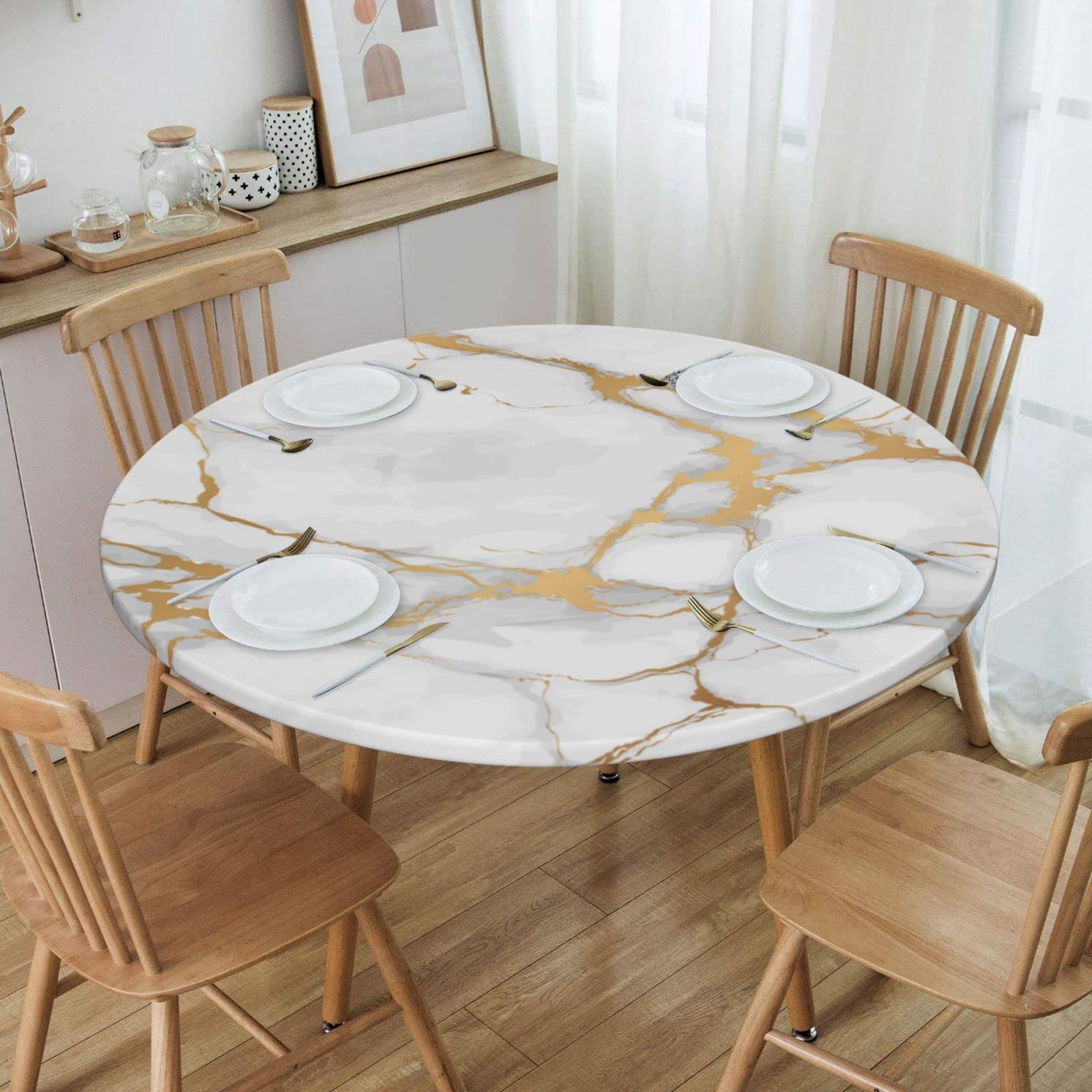 Waterproof Elastic Round Tablecloth - White Marble Print Fitted Table Cover for 40'' to 44'' Tables, Indoor & Outdoor Dining, Party, Wedding, Picnic Use