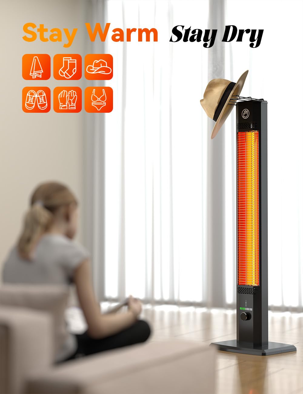 BALKO 42-Inch Outdoor Heater with 9 Heat Levels & 540-Min Timer - 1500W Infrared Garage Heater with Child Safety Lock, IP65 Waterproof, Tip-Over & Overheat Protection - Perfect for Patio, Deck, Garage, and Indoor Heating