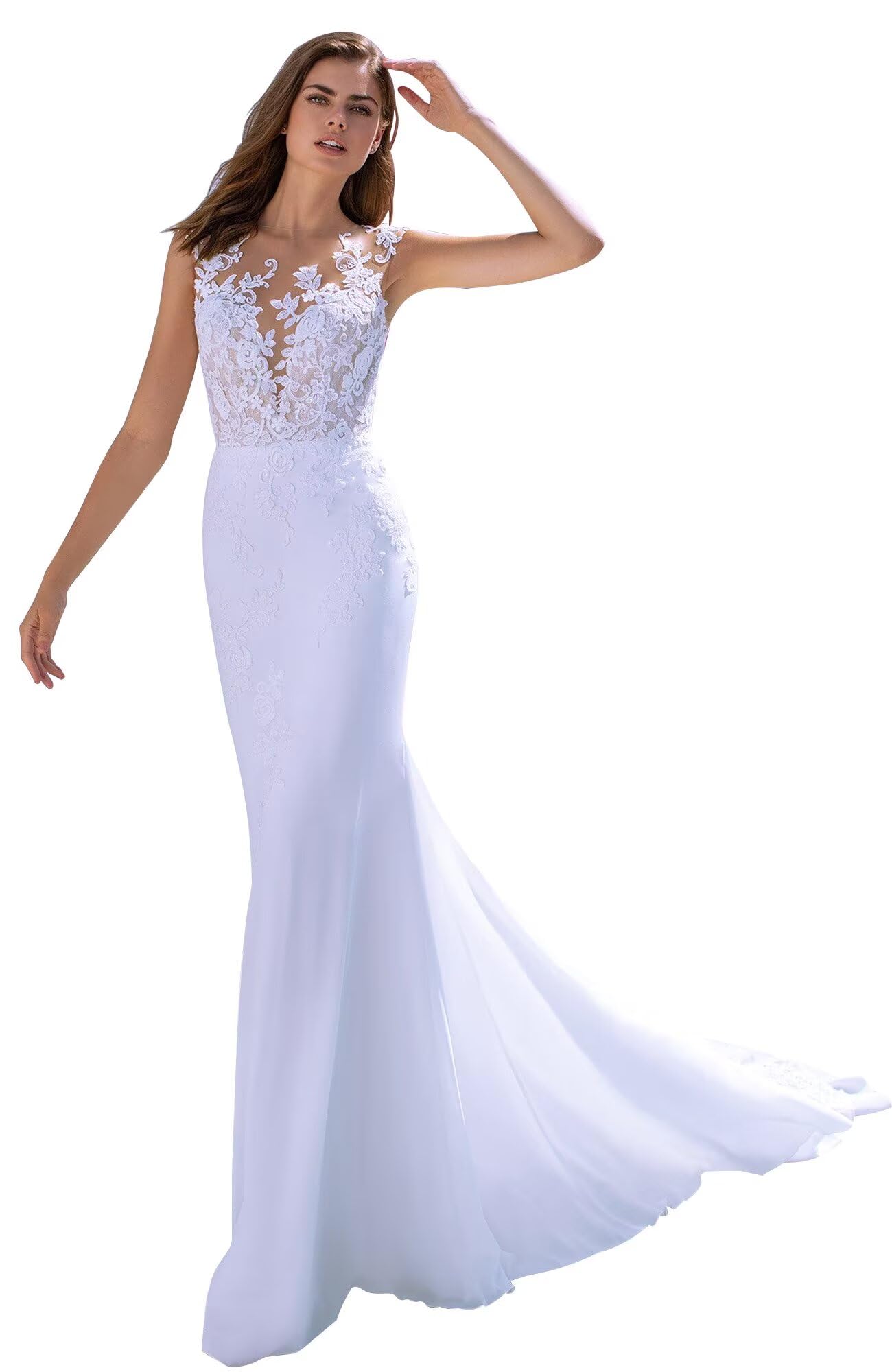 Elegant Lace Mermaid Wedding Dress for Bride - Floral Backless Boho Bridal Gown for Beach, Destination & Outdoor Weddings | Perfect for Romantic Seaside Ceremonies