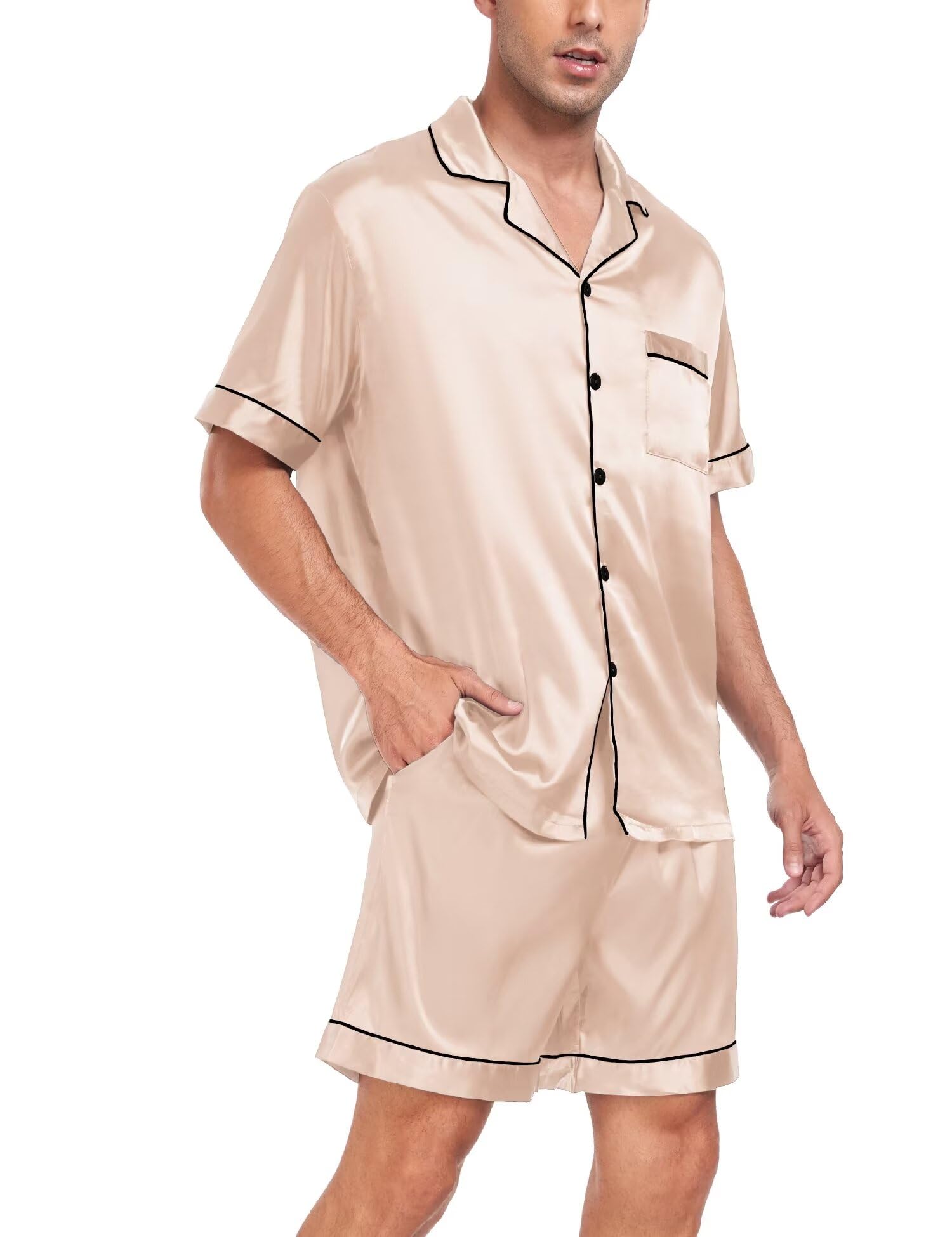 SWOMOG Couple Matching Pajamas Sets for Women & Men - Soft Silk Button Down Pjs with Short Sleeve - 2 Piece Loungewear Set for Valentine's Day, Anniversary Gifts & Cozy Nights at Home