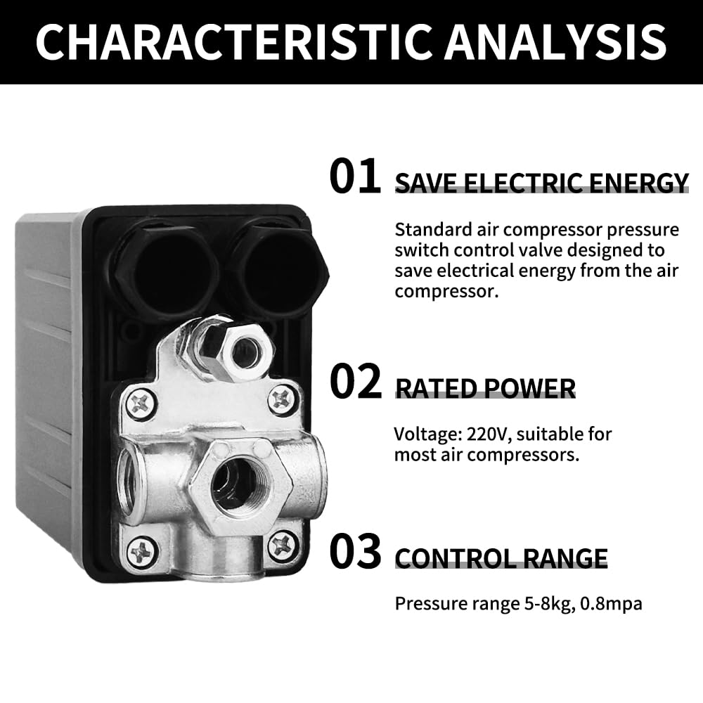 90-120PSI Air Compressor Pressure Switch with 0-180PSI Regulator | 4-Way Replacement Part for Air Compressors | 110V-240V Compatible | Ideal for Workshop, Garage & Industrial Use (LS-AR1)