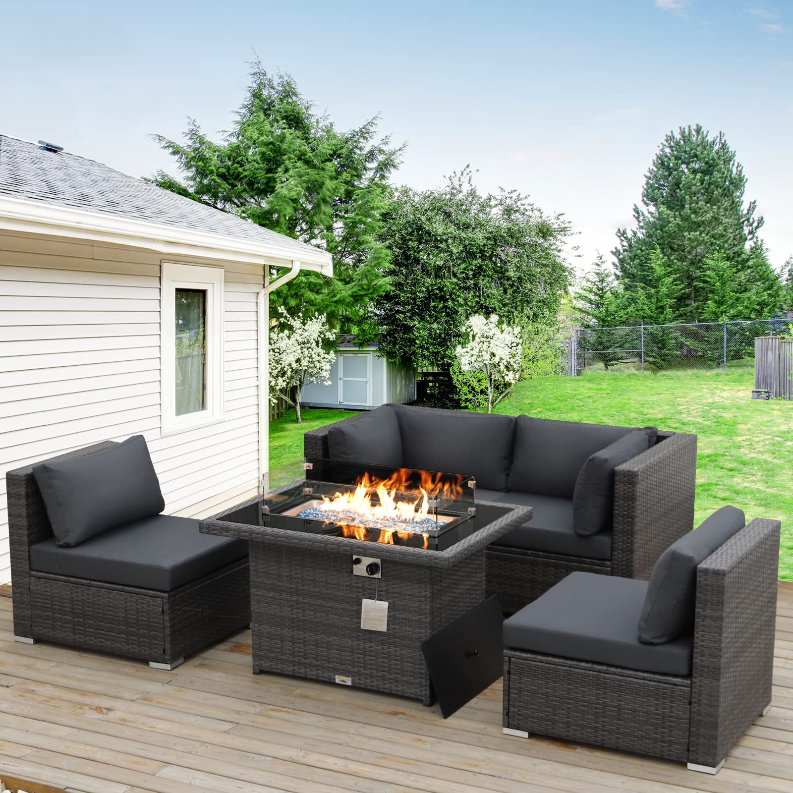 BULEXYARD 5-Piece Grey Rattan Patio Furniture Set with Gas Fire Pit Table - High Back Deep Seat Outdoor Sectional Sofa & Wicker Conversation Set for Backyard, Poolside & Garden (Grey/Dark Grey)