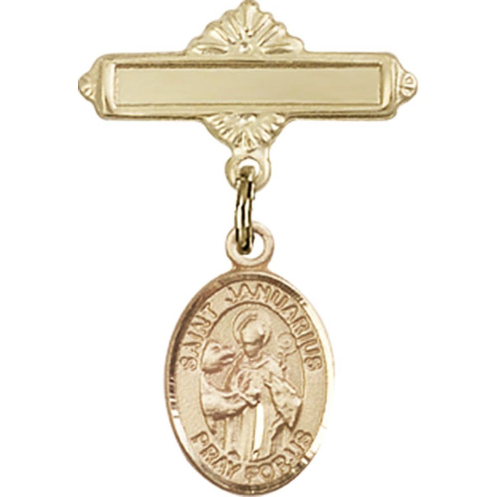 Gold Filled Baby Badge with St. Januarius Charm - 1 X 5/8 Inch Polished Pin for Baptism, Christening & First Communion - Religious Jewelry Gift for Infants & Toddlers