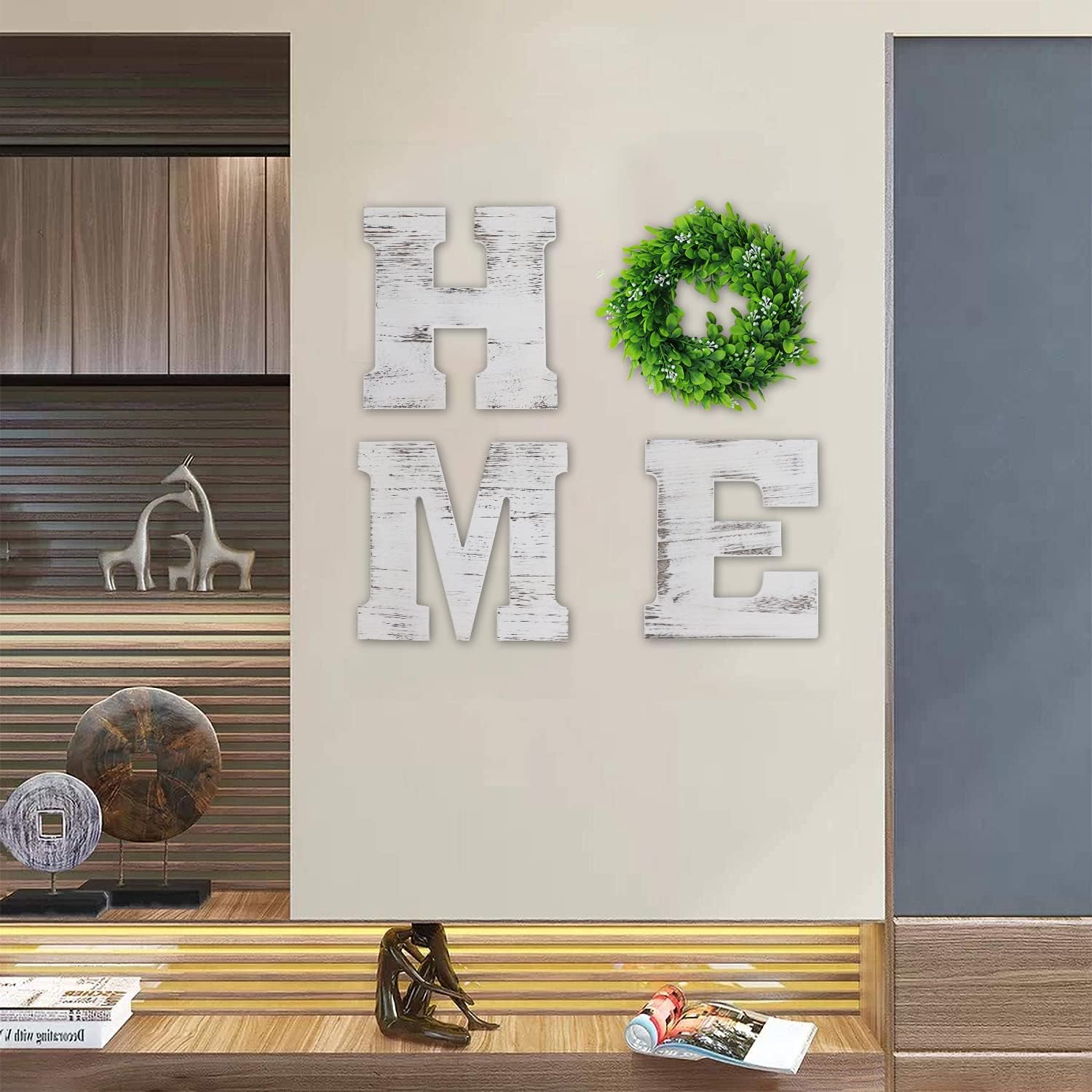 9.8 Inch Rustic Wooden Home Sign with Artificial Wreath - Wall Decor Letters H, M, E, O for Living Room, Front Door & Dining Room - White Farmhouse Style Home Decor Perfect for Housewarming Gifts & Cozy Interior Design
