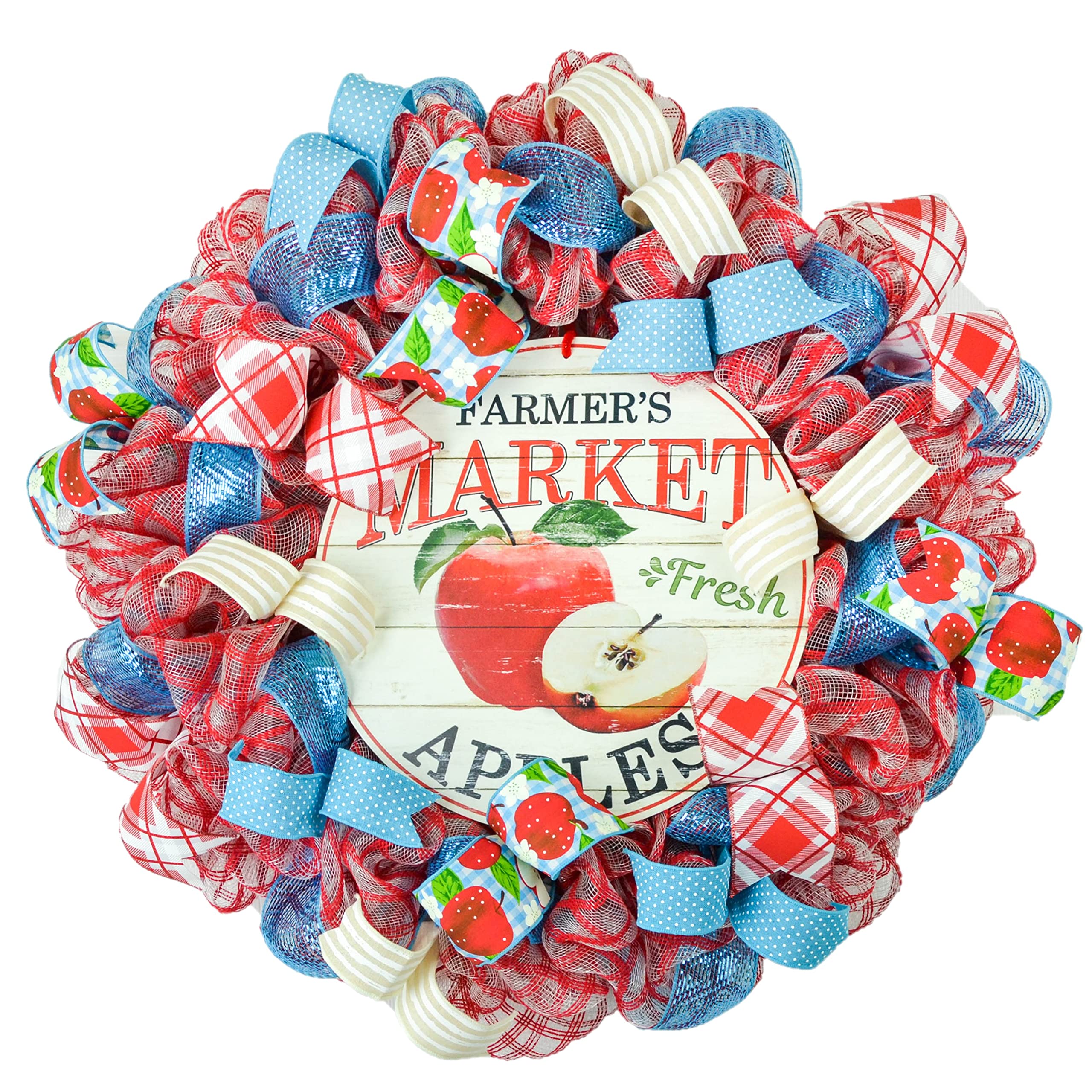 Apple Summer Wreath - Fruit Welcome Red Spring Decor - Front Porch Decorations - Turquoise White - Perfect for Summer Home Decor, Front Door Welcome Sign, and Seasonal Party Decorations