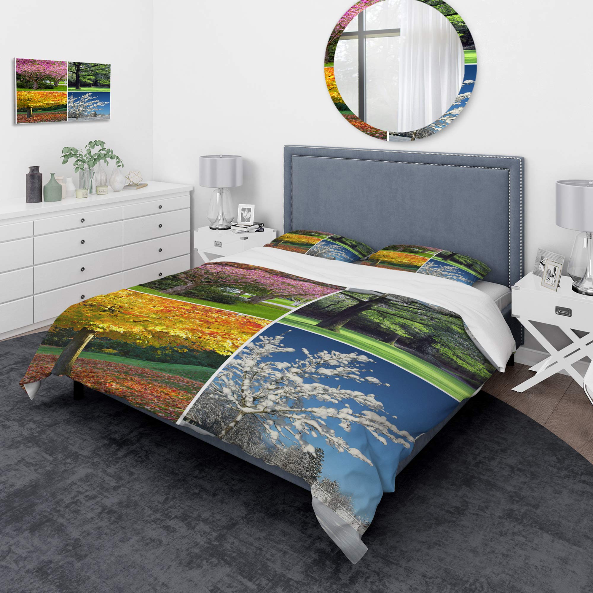 DesignQ Four Seasons Trees Collage Country Duvet Cover Set - Multi-Color King Size 3-Piece Bedding Set with Landscape Patterns | Perfect for All-Season Comfort in Farmhouse, Cottage & Rustic Bedrooms