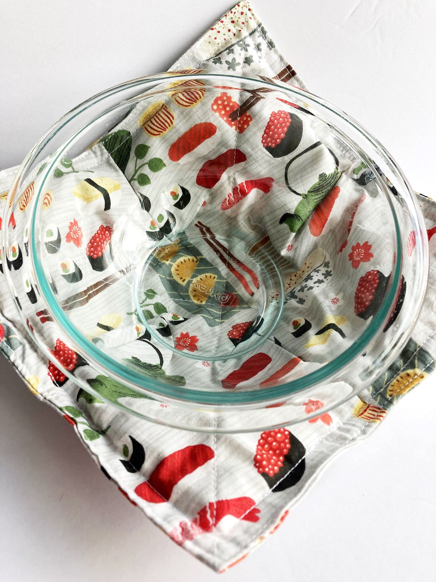 Sushi Cotton Print Bowl Cozies - Set of 2 Microwave Safe Hot Pads & Oven Mitts for Bowls (8.5 Inches) - Grey White Red Black Novelty Design - Perfect for Hot Soup, Rice Bowls & Microwave Meals