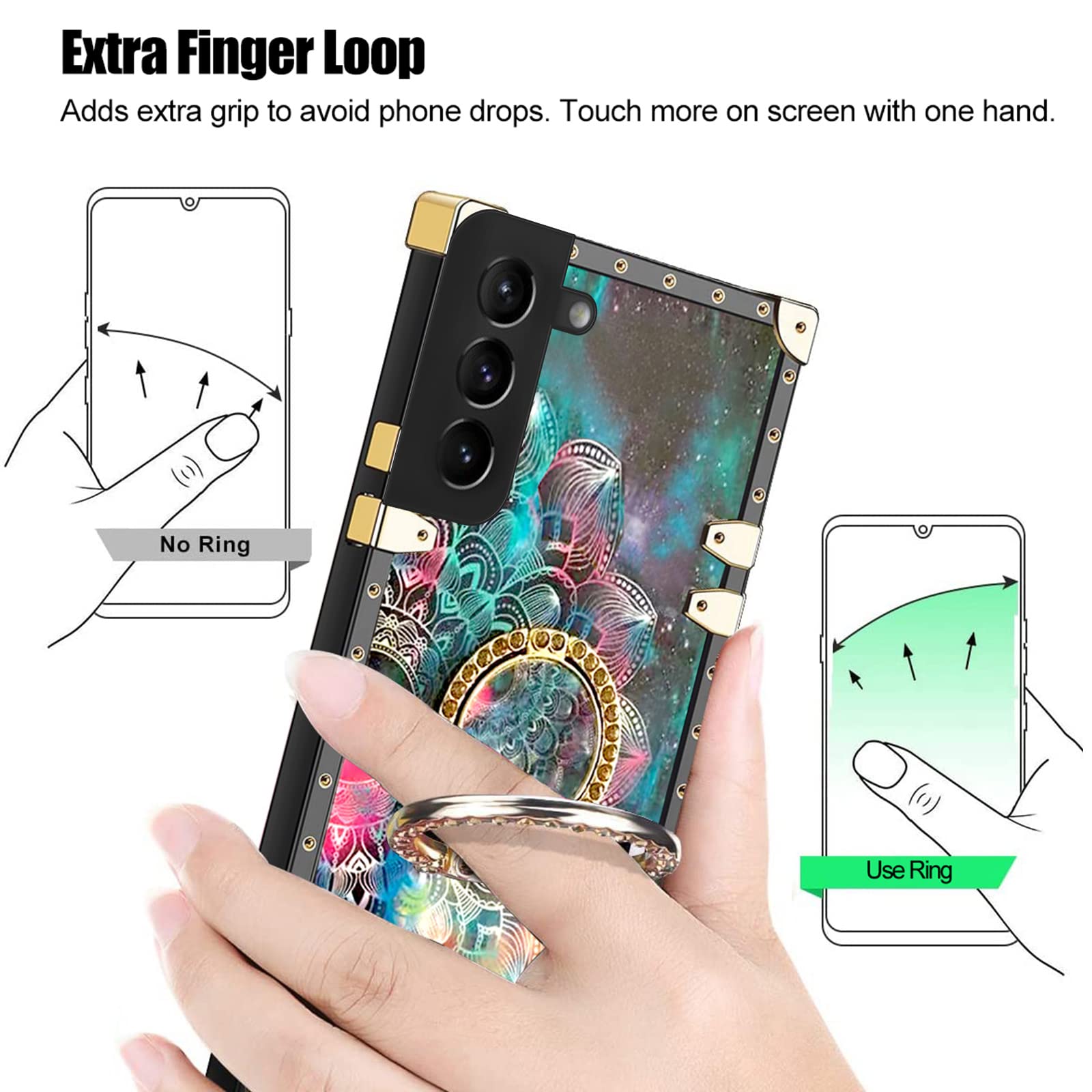 Premium Shockproof Samsung Galaxy S22 Plus Case (6.6-inch) - Colorful Petal Stars Sky Design with Diamond Ring Holder & Strap Lanyard | Durable Protection Cover for Everyday Use, Travel, and Outdoor Activities