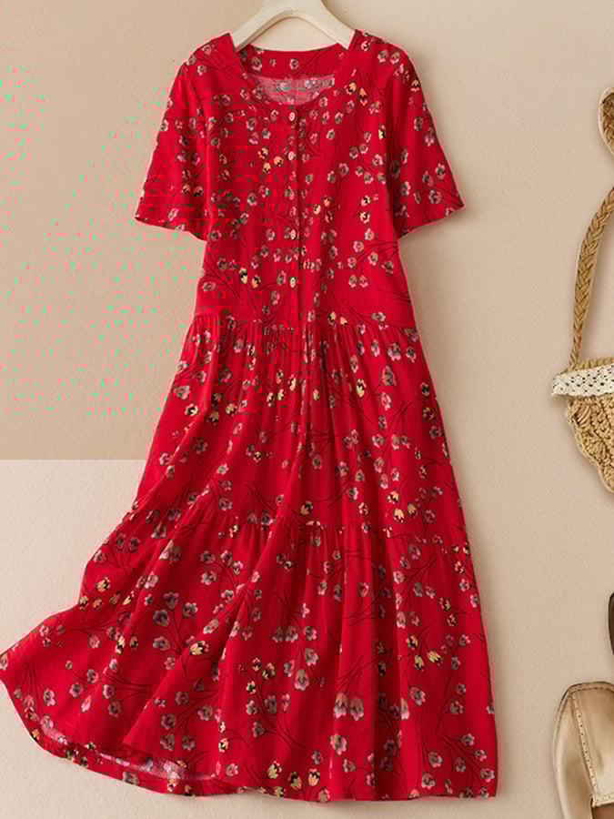 Lovevop Women's Cotton Linen Bohemian Print Flowy Summer Dress - Loose Round Neck Short Sleeve Slim Fit Casual Sundress for Beach, Vacation & Everyday Wear
