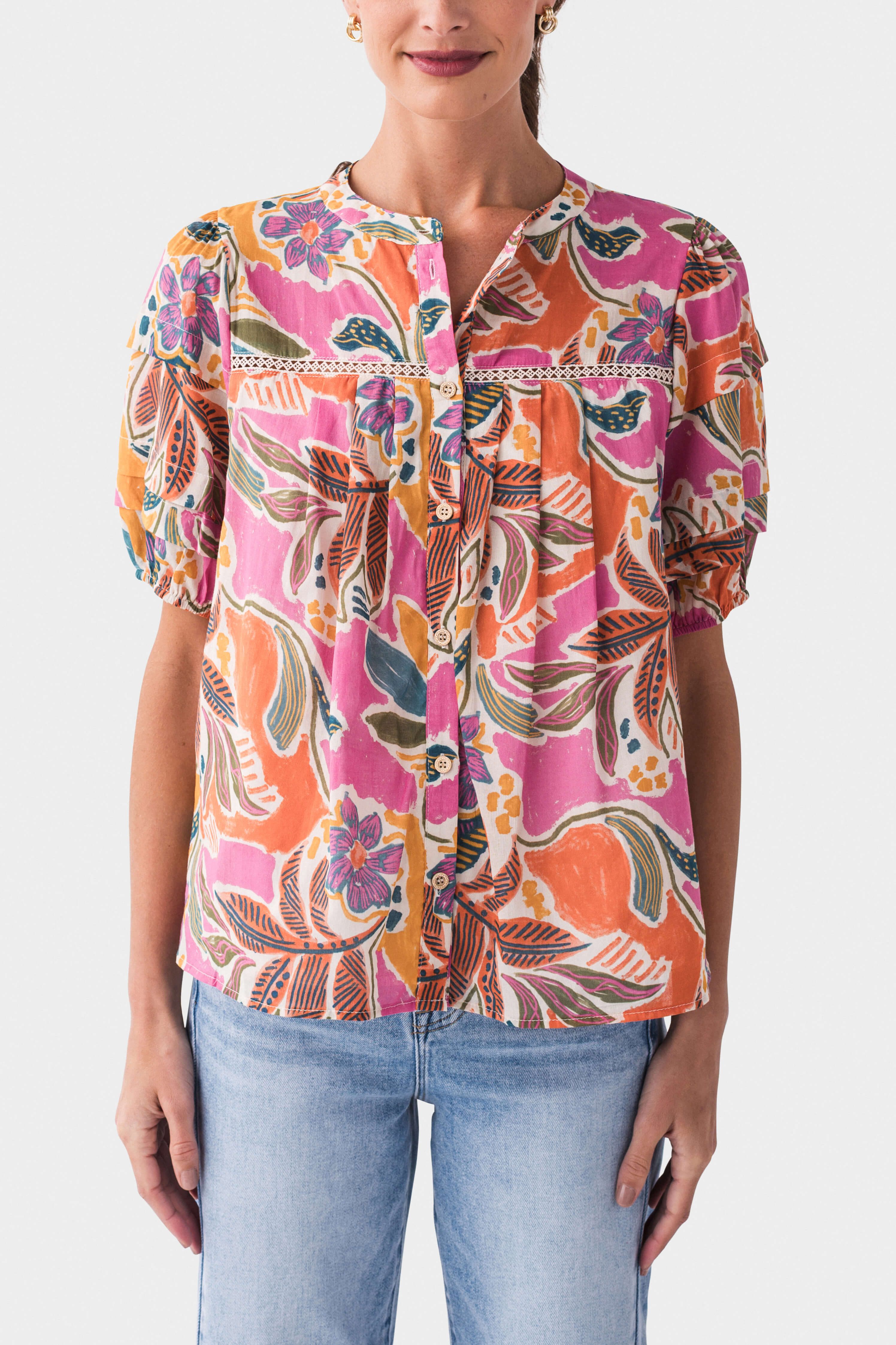 Fashion Women's Tuck Detail Lace Insert Short Sleeve Blouse Top - Perfect for Office Wear, Date Night & Casual Outfits
