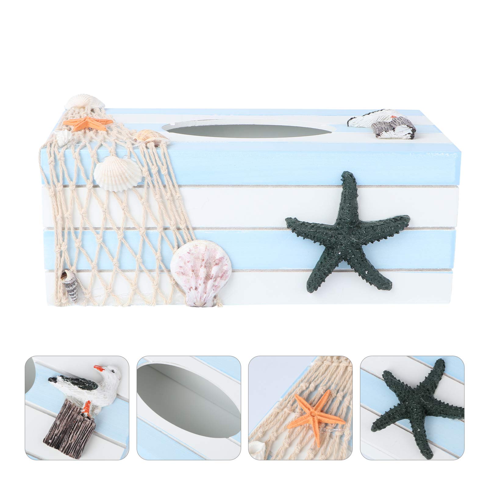 Mediterranean Wooden Tissue Box Cover - Coastal Beach Nautical Decor for Bathroom, Living Room & Bedroom - 9.45