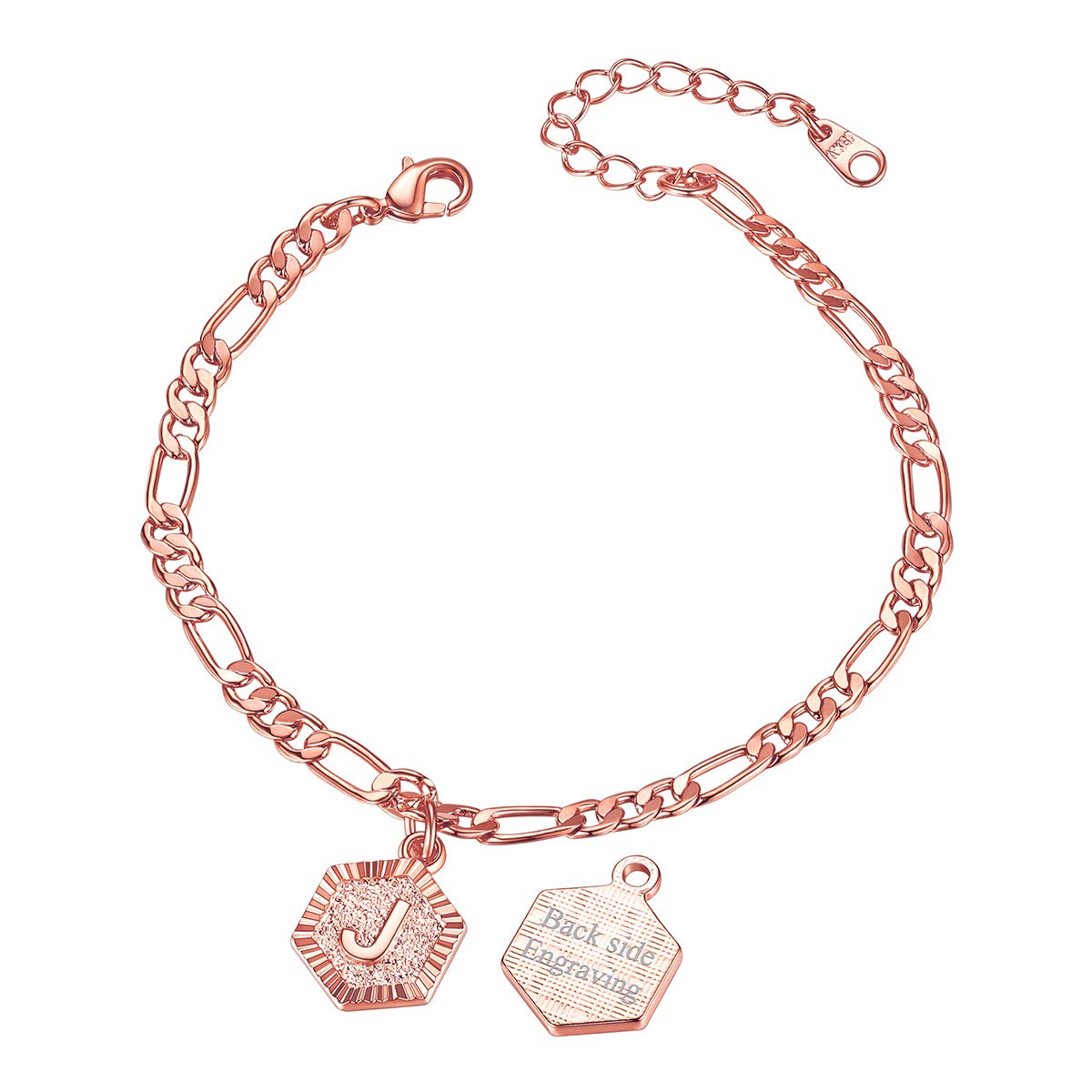 FOCALOOK Personalized Initial Charm Anklet for Women - Rose Gold Plated Dainty Foot Chain, Adjustable Summer Beach Ankle Bracelet with Figaro Chain | Perfect for Gifts, Weddings, Vacations & Everyday Wear
