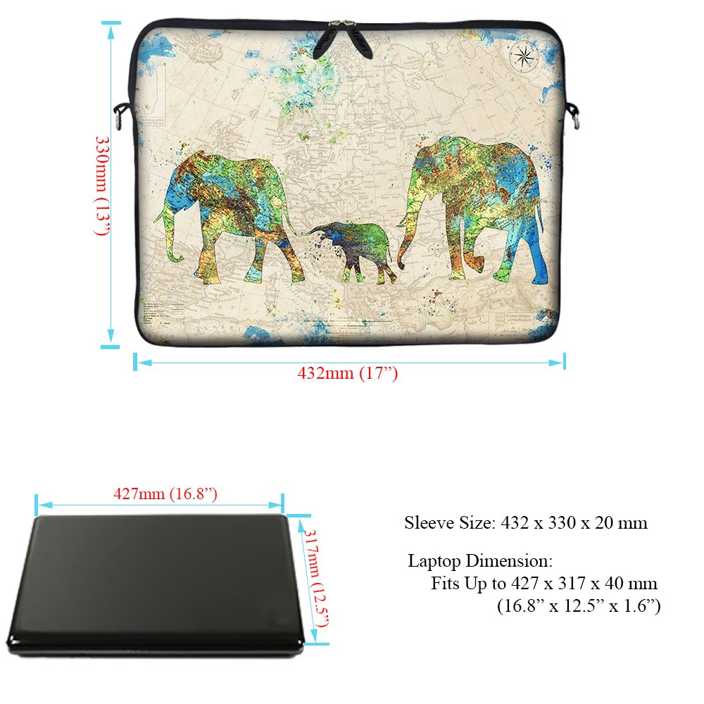 Meffort Inc 17-17.3 Inch Neoprene Laptop Sleeve Case with Hidden Handle & Adjustable Shoulder Strap - Elephant Design | Protective Cover for MacBook, Dell, HP | Perfect for School, Office, Travel