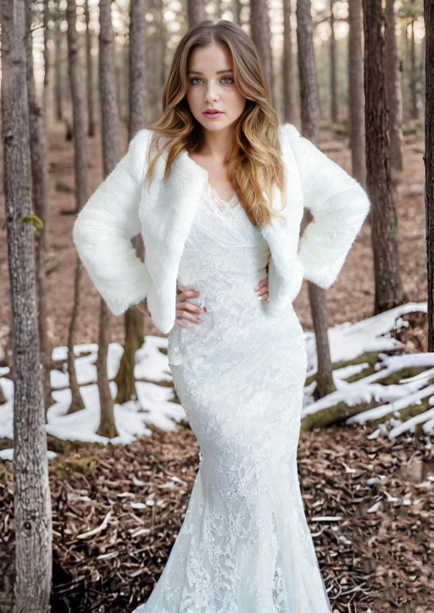 Ivory Faux Fur Bridal Jacket for Women - Elegant Winter Wedding Coat with Shawl Collar - Perfect for Bridal Party, Photoshoots & Formal Events (Anna Ivy07)