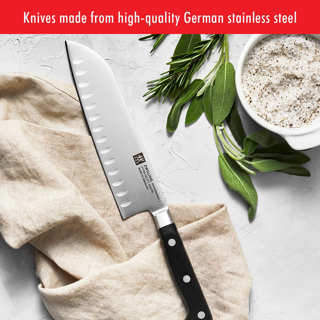 ZWILLING Professional S 7-inch Santoku Knife - Razor-Sharp German Hollow Edge, Premium Special Formula Steel, Handcrafted in Germany for 300 Years, Dishwasher Safe - Perfect for Slicing, Dicing, and Chopping Vegetables, Meat, and Fish