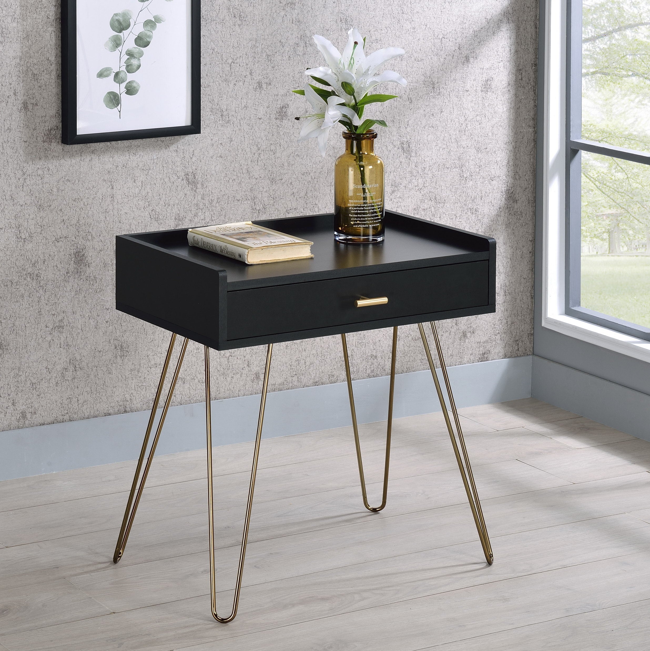 Roundhill Furniture Hailey Wood Storage End Table - Black & Gold Accent Nightstand for Living Room, Bedroom & Office