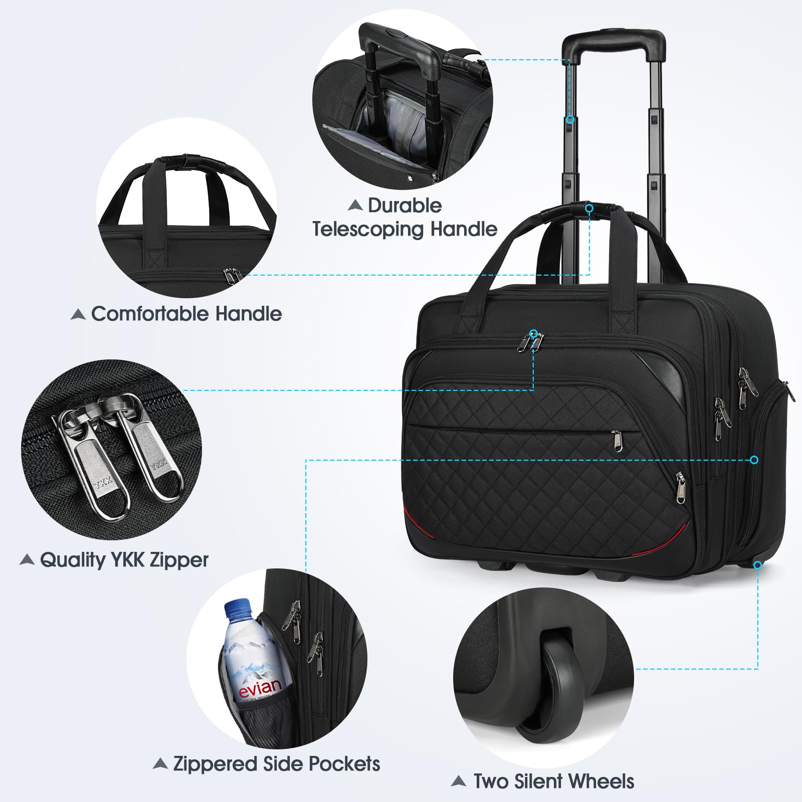 **NUBILY 17.3 Inch Rolling Laptop Bag - Waterproof Wheeled Briefcase for Men & Women with RFID Pockets, Underseat Carry-On Luggage - Perfect for Business Travel, Office Commute & Airplane Use (Black, Quilted Design)**