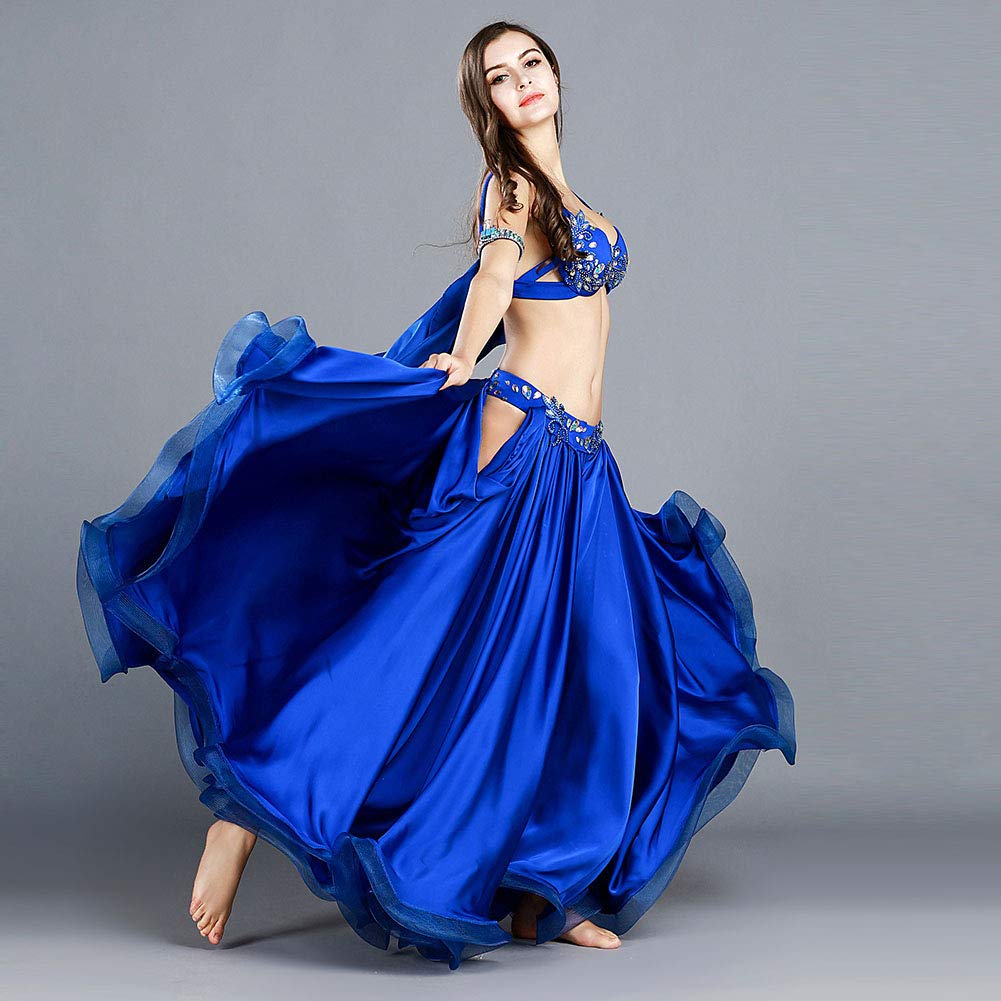 Royal Smeela Women's Belly Dance Costume Set - 2 Piece Skirt & Bra Outfit with Armbands & Shawls for Professional Performances & Practice