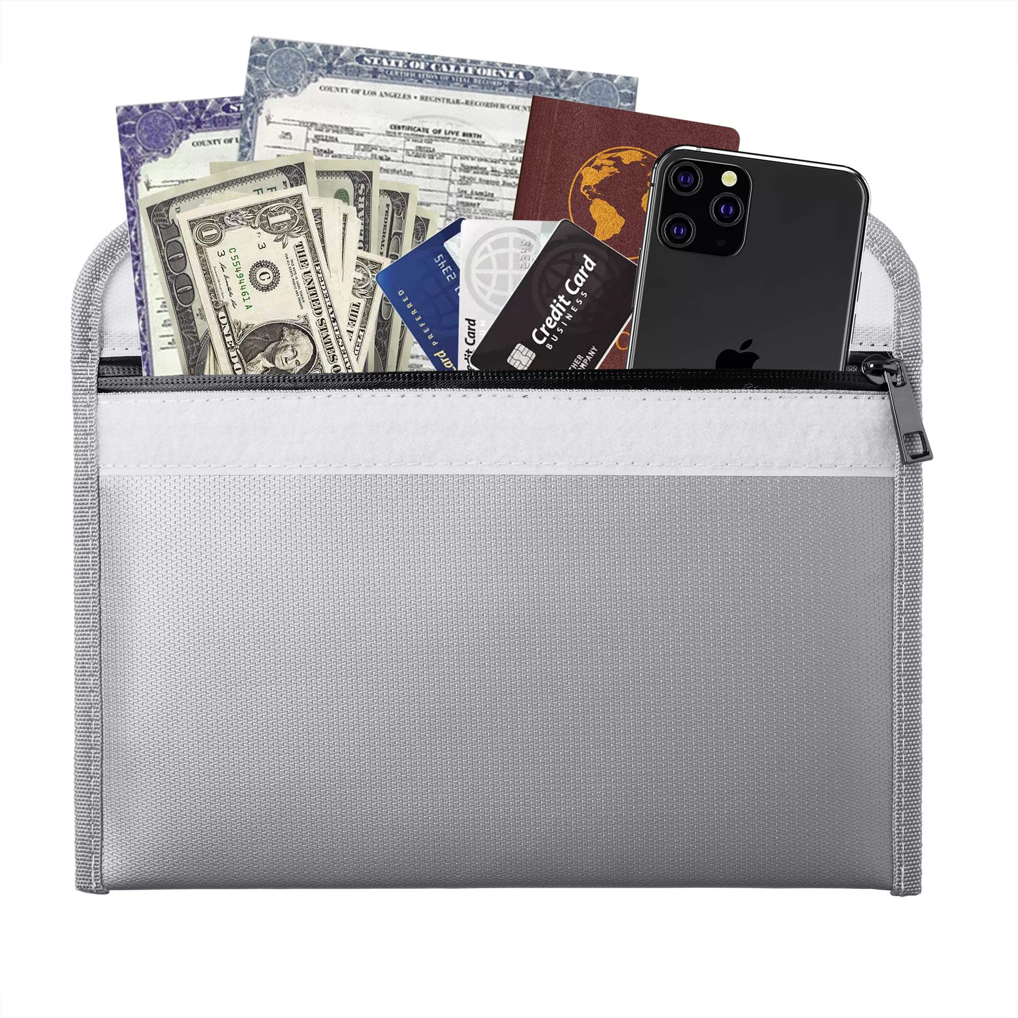 Fireproof Money Bag - 10.6x6.7 Inch Fireproof & Waterproof Wallet Pouch, Small Fireproof Safe Bag for Cash, Passport, Currency & Keys - Grey | Ideal for Travel, Home & Emergency Storage