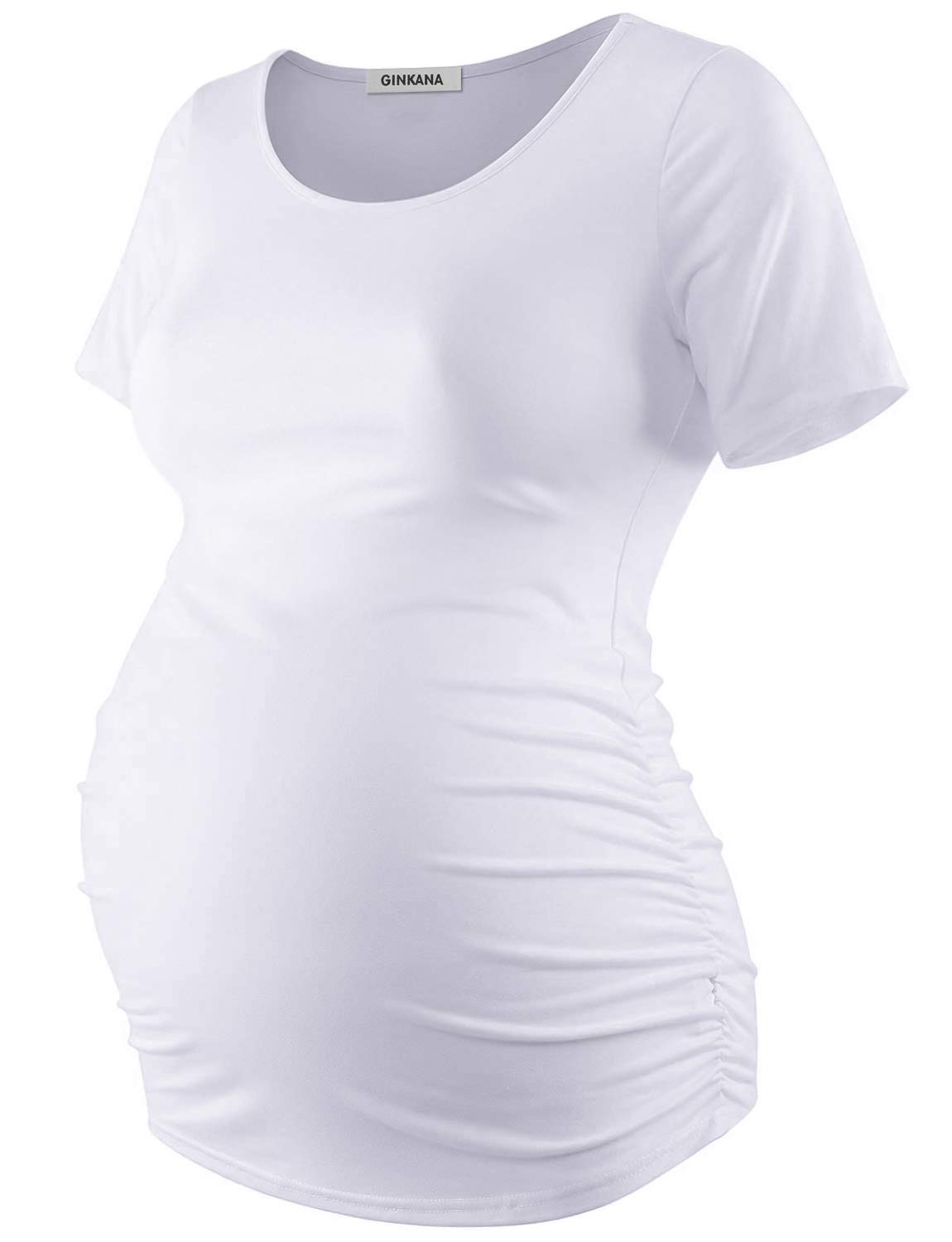 GINKANA Floral Maternity Tops - Short Sleeve Ruched Side Pregnancy Shirts for Women | Comfortable Casual Blouse for Expecting Moms | Perfect for Everyday Wear, Baby Showers & Maternity Photos