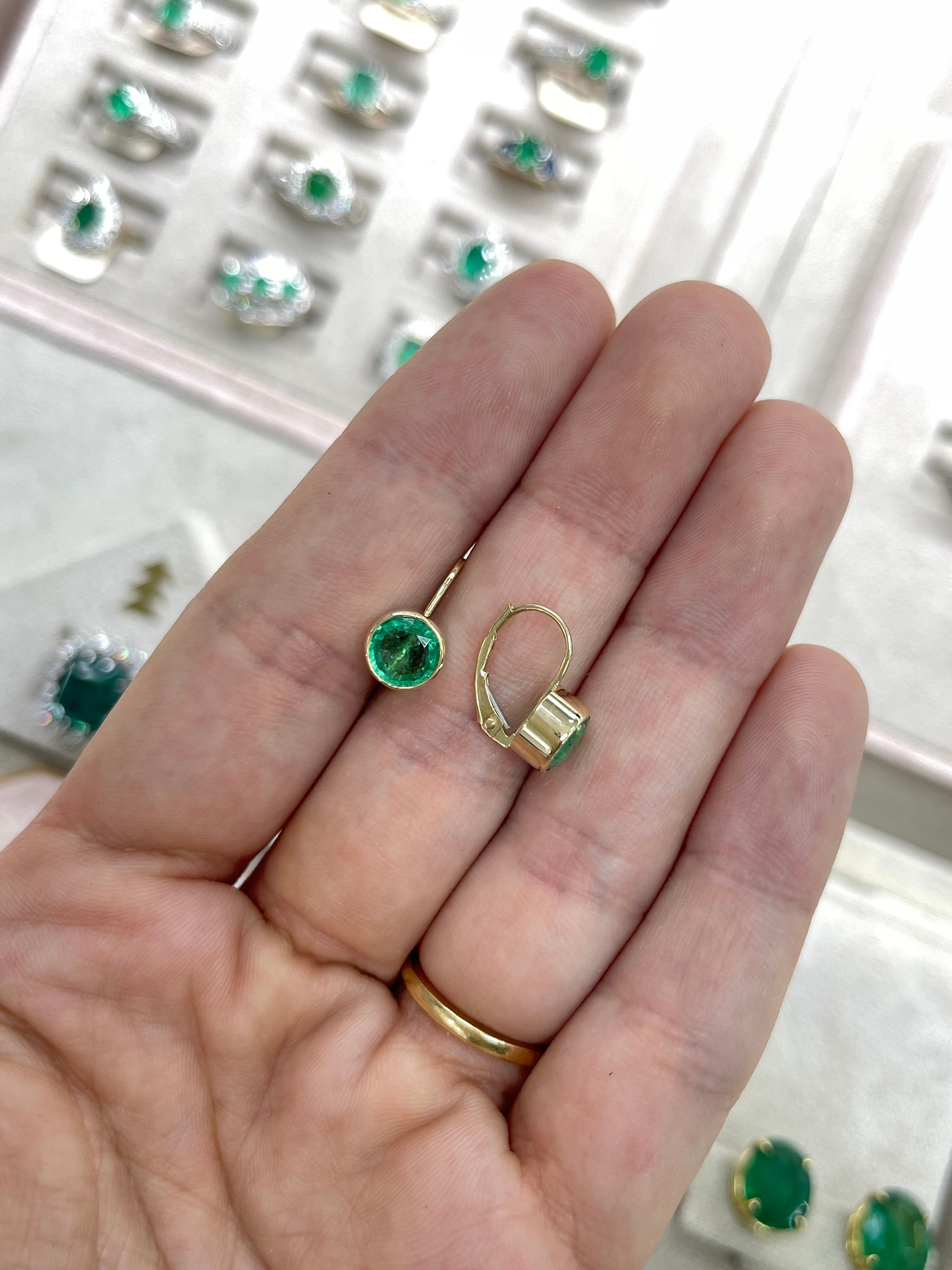 2.30tcw Round Emerald Bezel Leverback Earrings in 14K Gold - Elegant Dangle Earrings for Women, Perfect for Weddings, Parties & Special Occasions