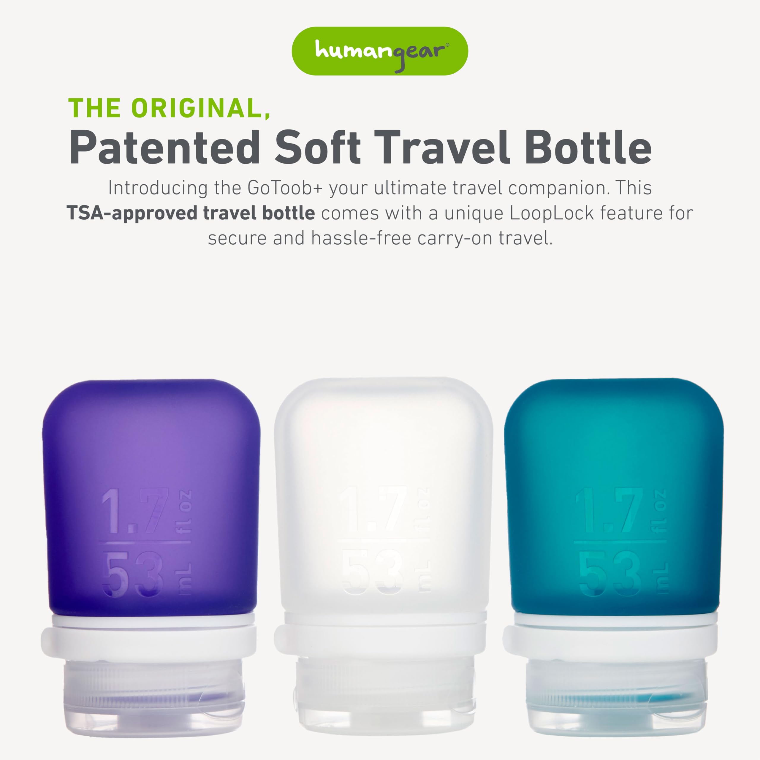 humangear GoToob+ Refillable Silicone Travel Bottles with Locking Cap - 3 Pack (1.7 fl.oz/53ml Each) - Clear, Purple & Teal for Toiletries, Cosmetics & Liquids - Perfect for Air Travel, Gym & Camping