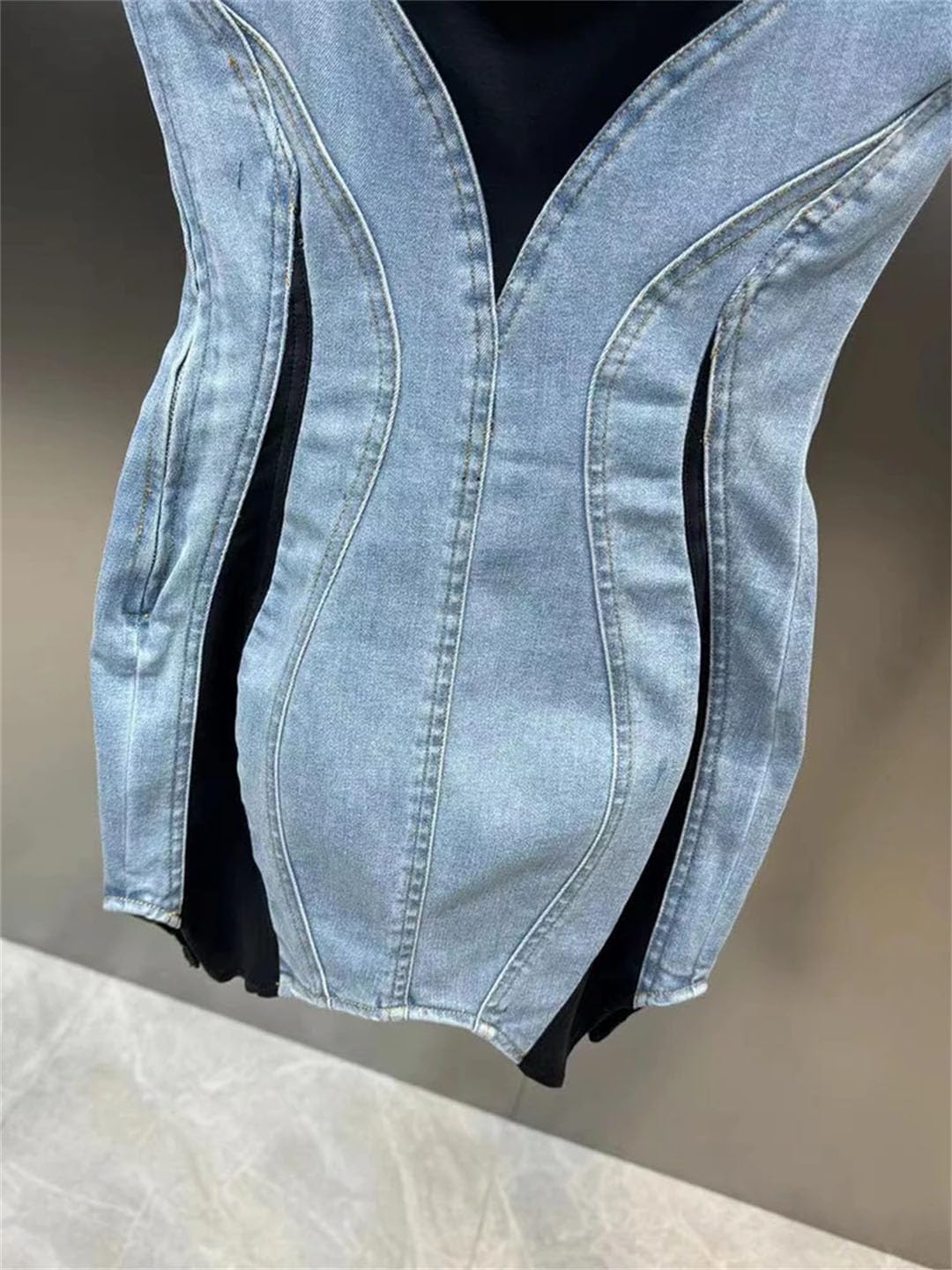 Women's Patchwork Elastic Denim Spaghetti Strap Sleeveless Wrap Dress - Casual Summer Boho Chic Hip Dress for Beach, Vacation & Date Night