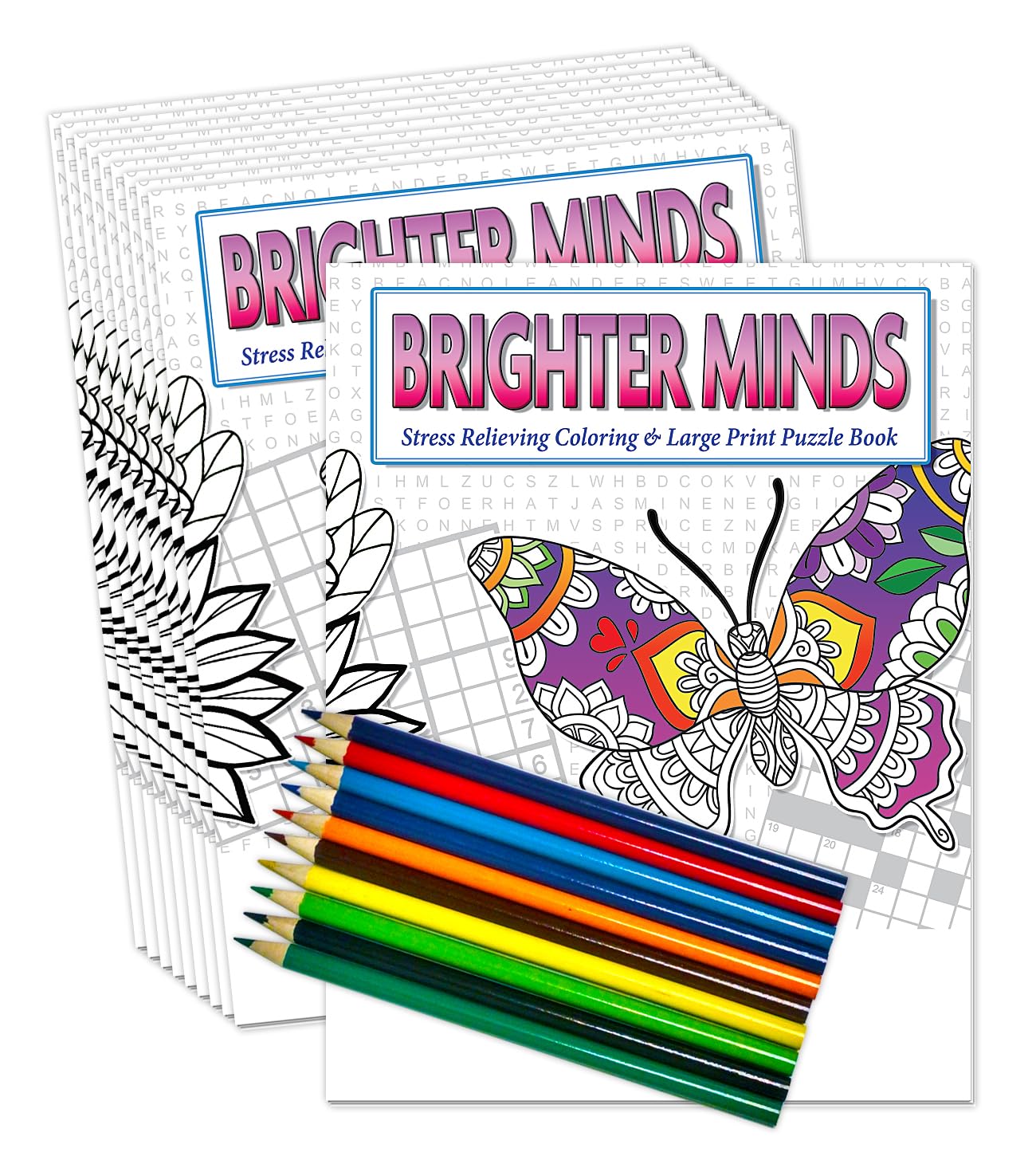 ZOCO - 10 Pack Large Print Puzzle Books for Adults & Seniors with Colored Pencils - Word Search, Crossword, Sudoku Games - Perfect for Vision Impaired, Elderly & Kids - Relaxation & Cognitive Therapy Activity