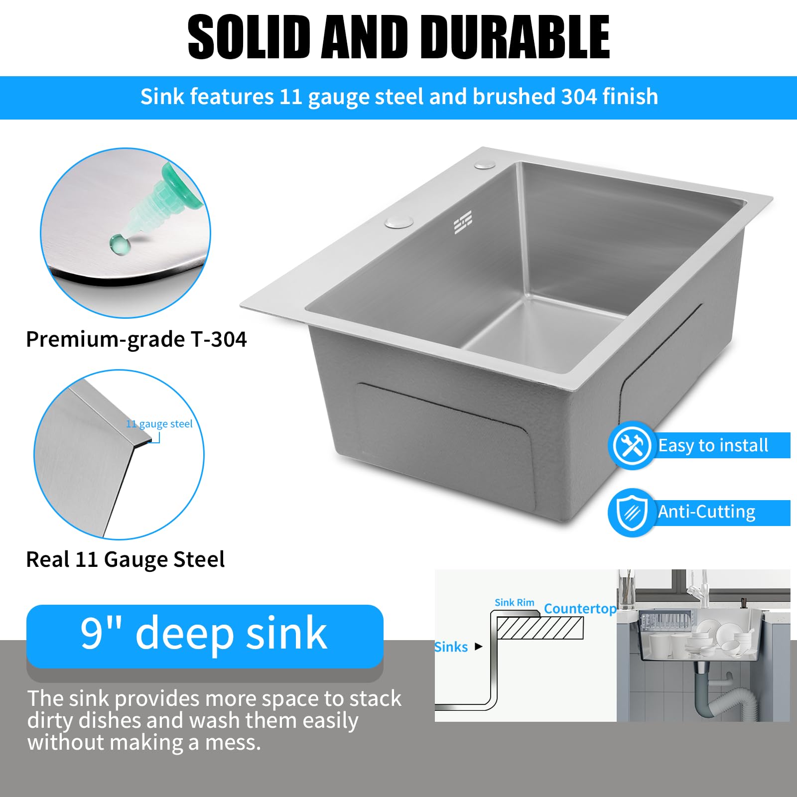 **20 Inch 304 Stainless Steel Drop-in Kitchen Sink – Single Bowl Deep Basin with Ledge & Accessories – Perfect for Workstations, RV, Prep Kitchens & Bars**    *(Ideal for Food Prep, Dishwashing & Multi-Purpose Kitchen Tasks)*