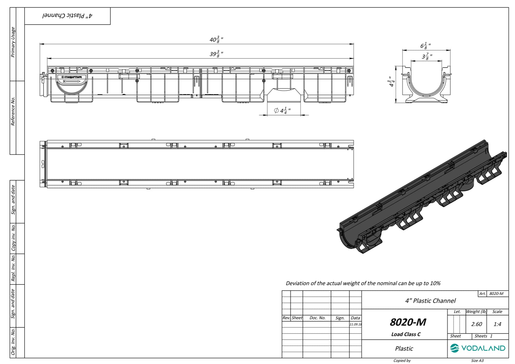 Vodaland 4 Inch Trench Drain Cast Iron Grate with Slotted Design - 4.8
