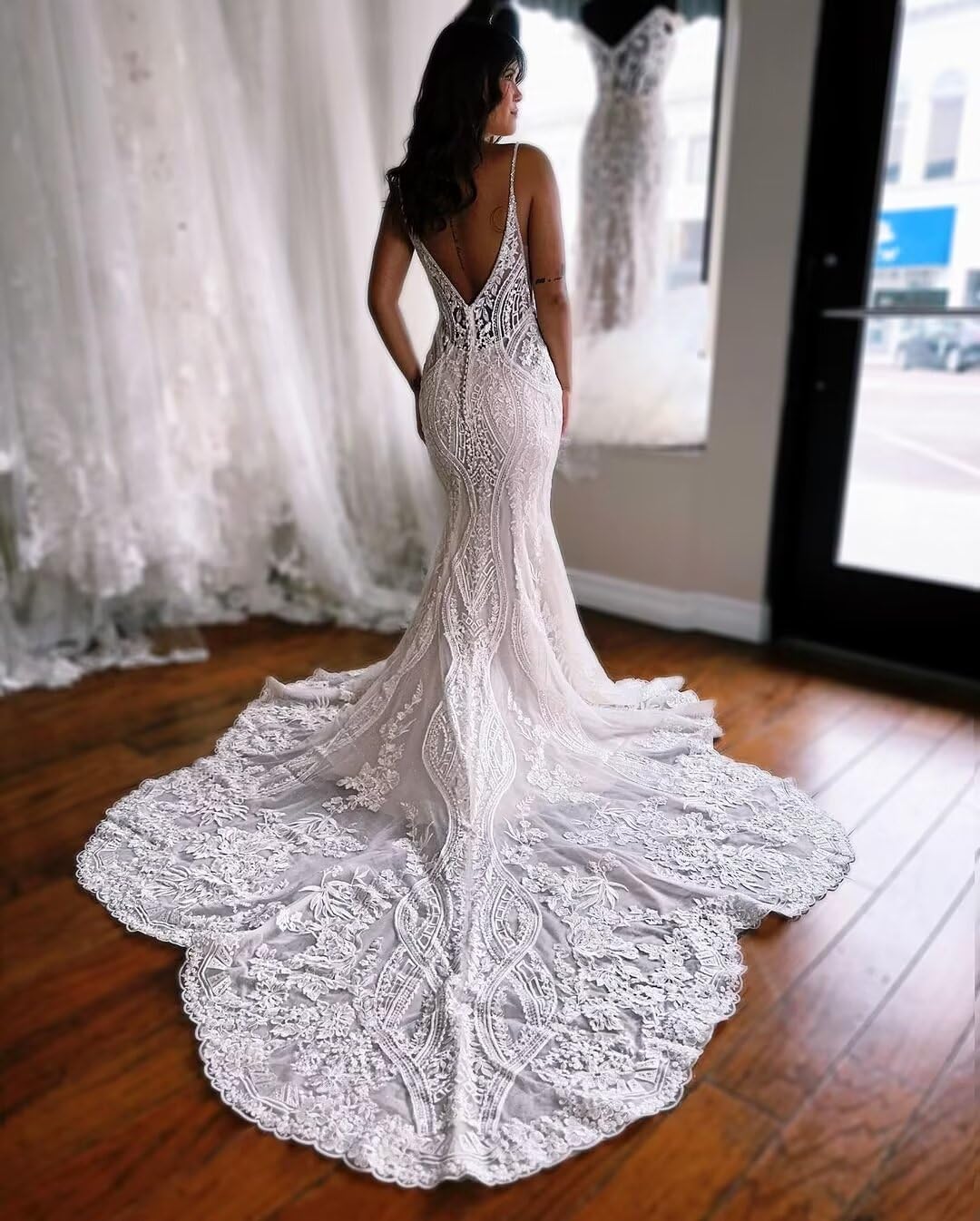 2024 Boho Beach Wedding Dresses for Women - V Neck Lace Applique Spaghetti Strap Bridal Gowns | Perfect for Beach, Garden & Destination Weddings (PU083)