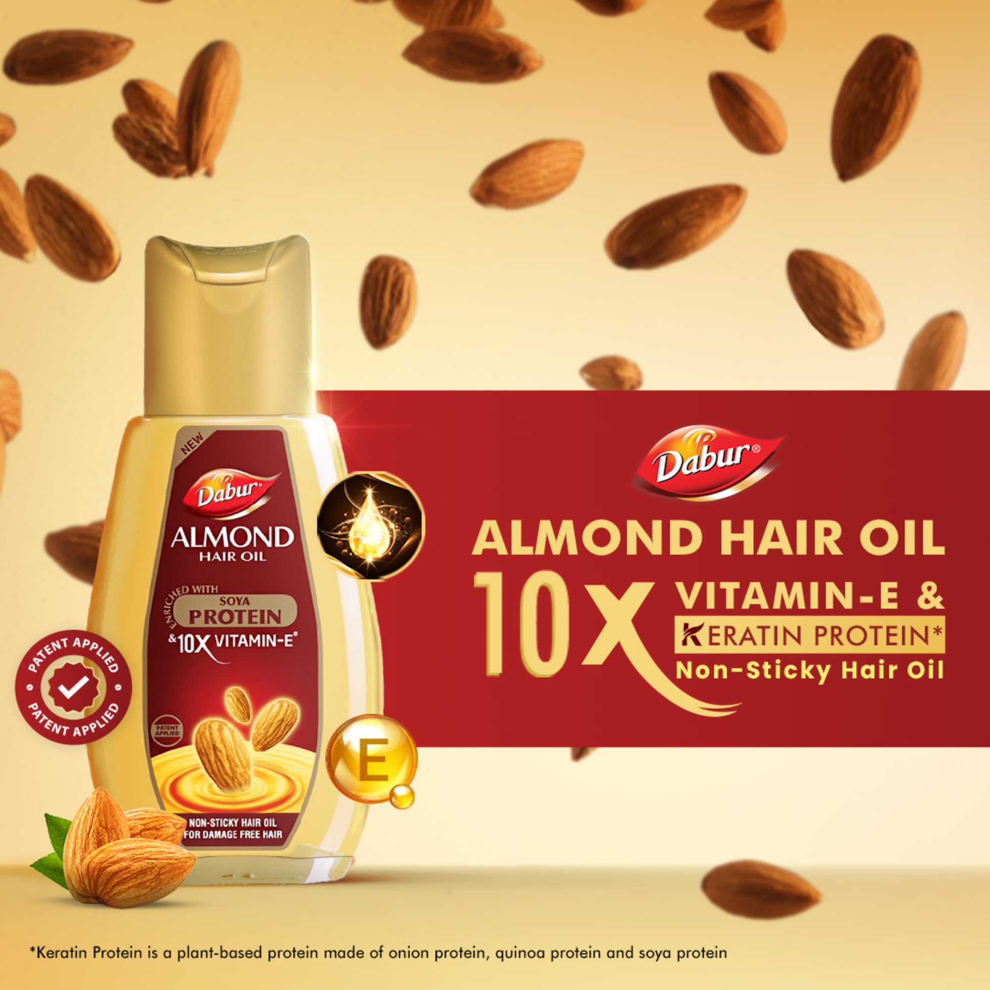 Dabur Almond Hair Oil - 500ml | Damage Protection & Non-Sticky Formula | Soft & Shiny Hair Treatment | Enriched with Almonds, Keratin Protein, Soya Protein & 10X Vitamin E | Perfect for Daily Hair Care, Scalp Massage & Split Ends Repair