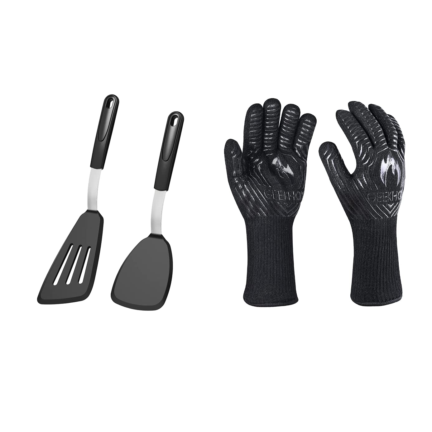 **GEEKHOM Heat-Resistant Silicone Spatula & Aramid Oven Gloves Set - Non-Melting, Flexible Kitchen Tools for Baking, Cooking, and Grilling**