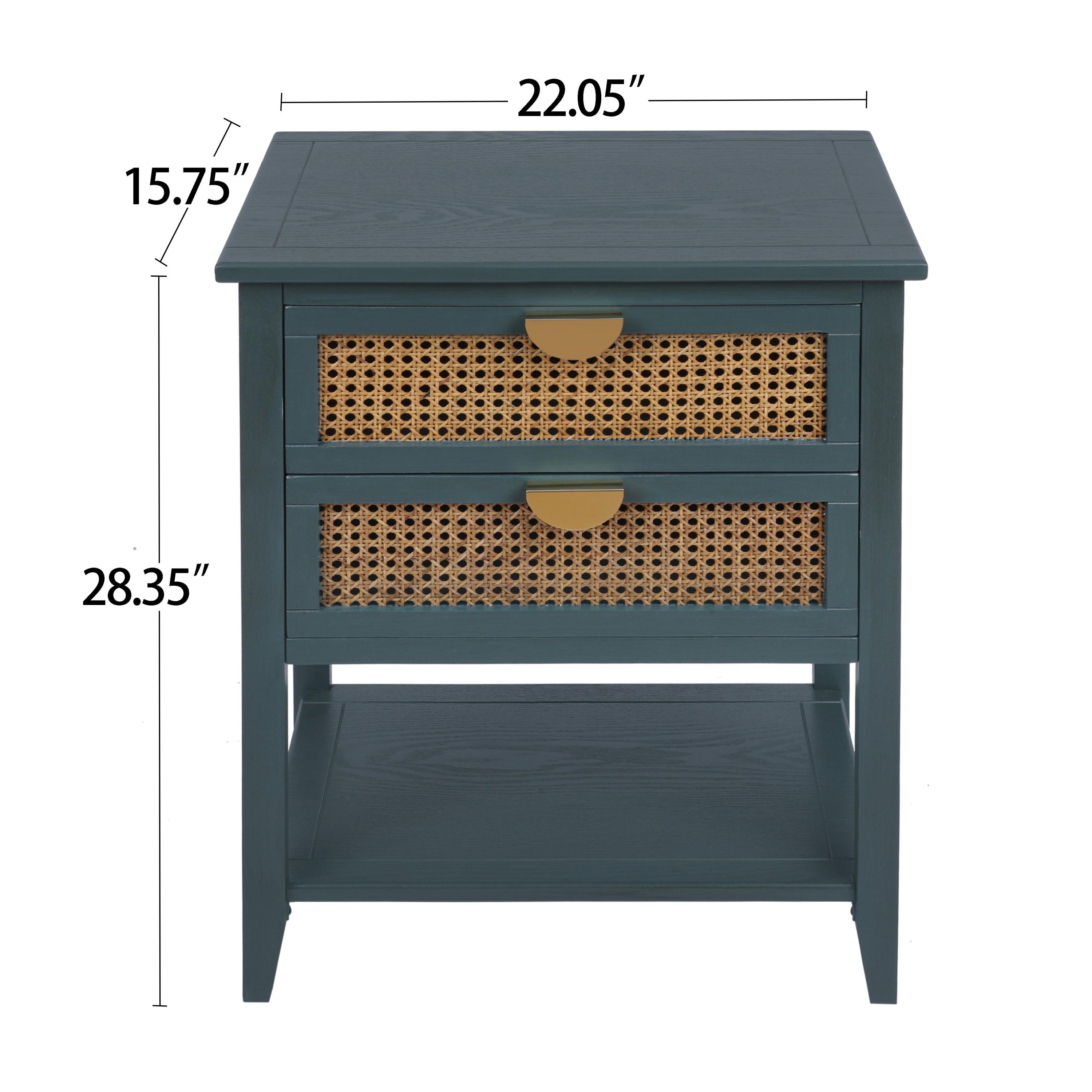 2 Drawer Rattan Side Table - Natural Woven End Table for Bedroom, Living Room, Study - Perfect Nightstand & Coffee Table for Small Spaces