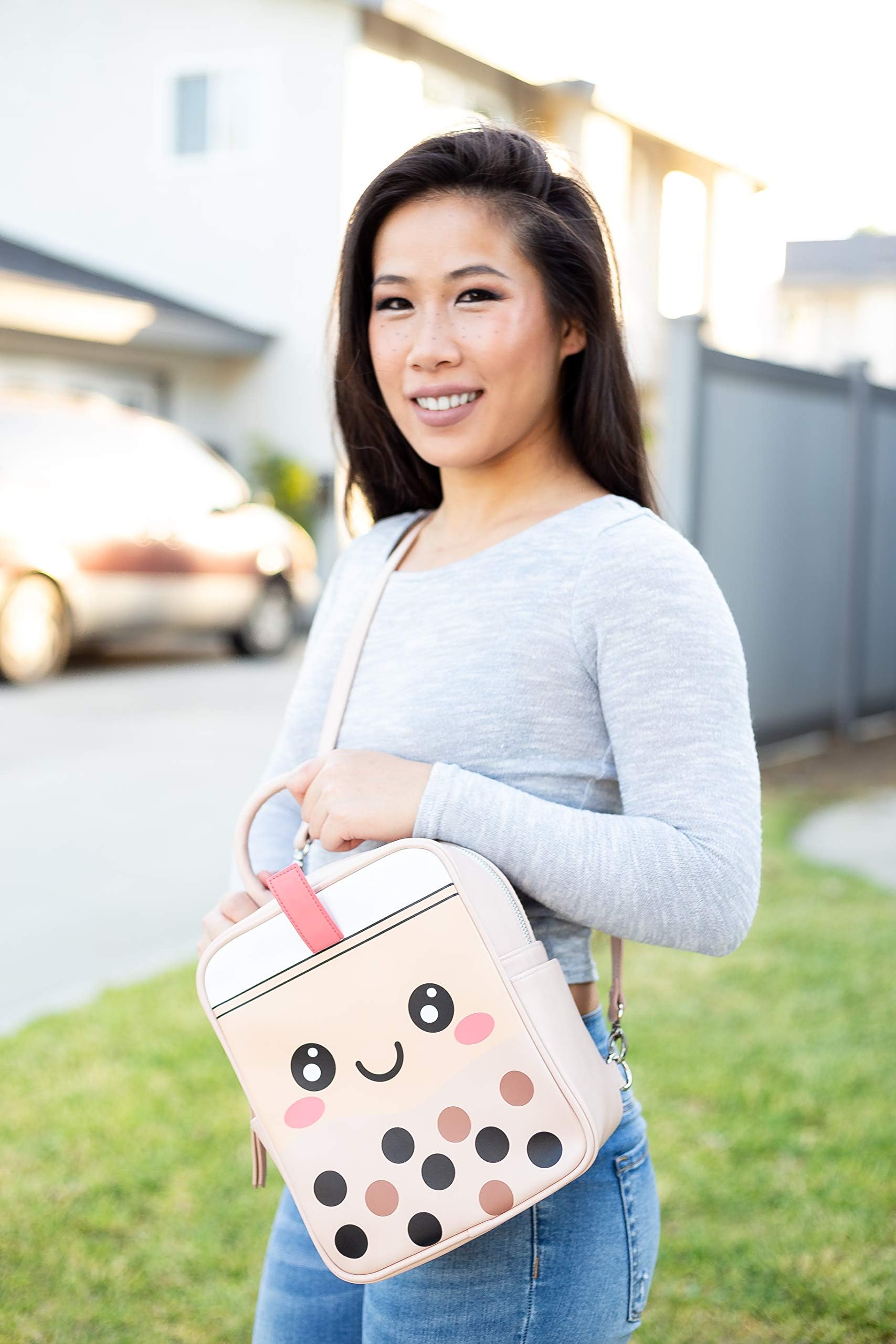 Premium Boba Faux-Leather Backpack for Women - Convertible Crossbody Bag & Shoulder Purse in Tan - Stylish & Durable for Work, Travel & College Campus Use