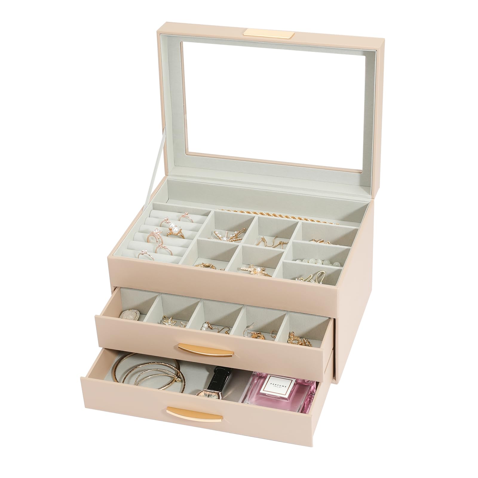 3-Tier Leather Jewelry Organizer Box with 2 Drawers - Large Capacity Jewelry Storage for Women & Girls (Apricot) | Perfect for Bedroom Vanity, Travel & Gift Giving