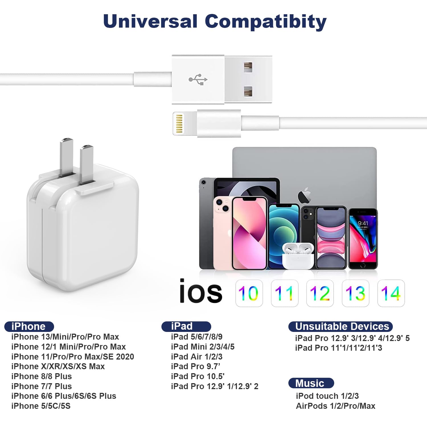 Apple Certified Fast Charger for iPhone & iPad - 2 Pack 6FT USB to Lightning Cable with 12W Foldable Wall Plug - Compatible with iPad Pro/Air, iPhone 11/12/13/14 - Perfect for Travel, Home & Office Charging